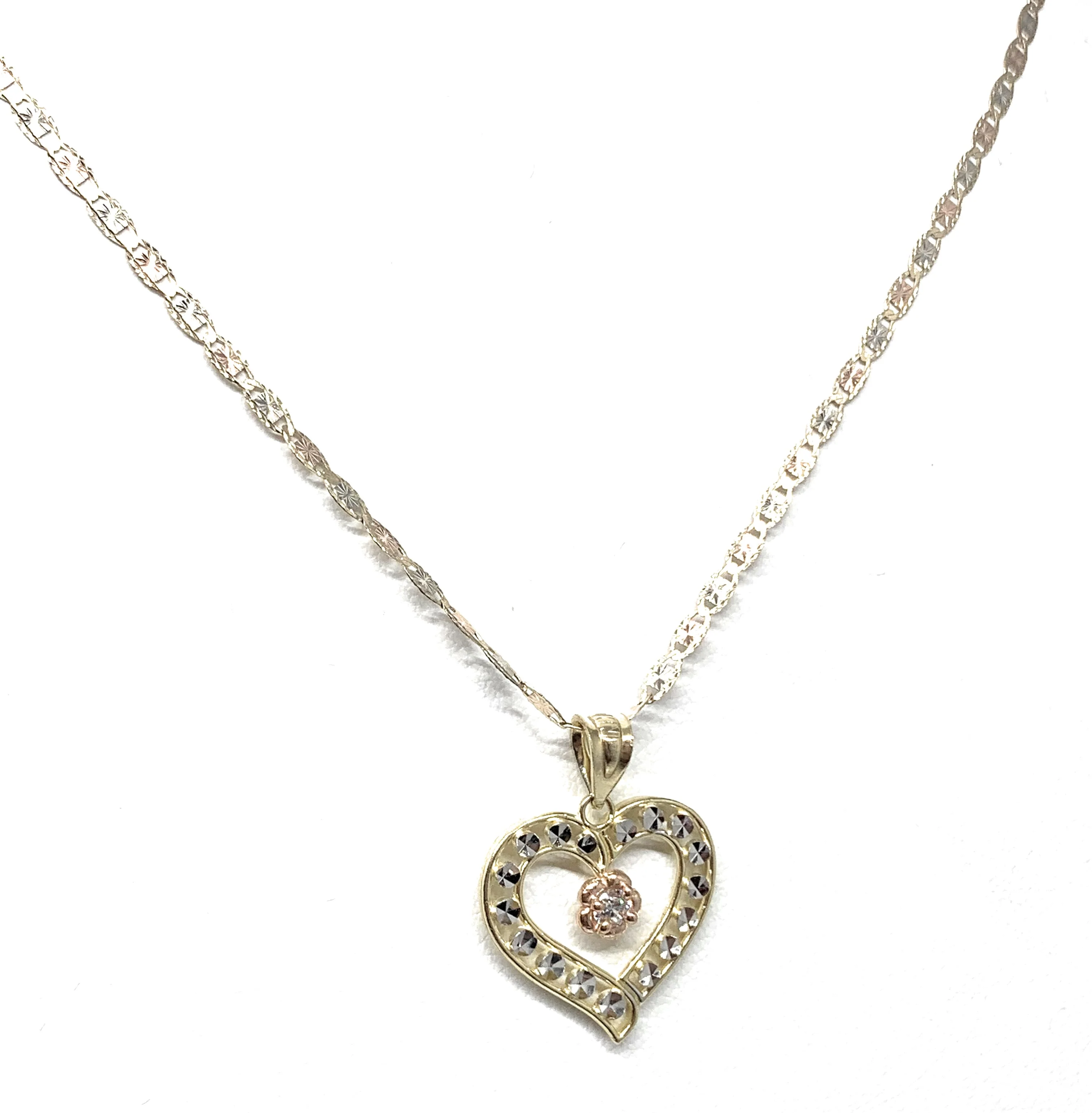 14k Solid Gold Tri-Color Flower CZ Heart Pendant Necklace - Image 7