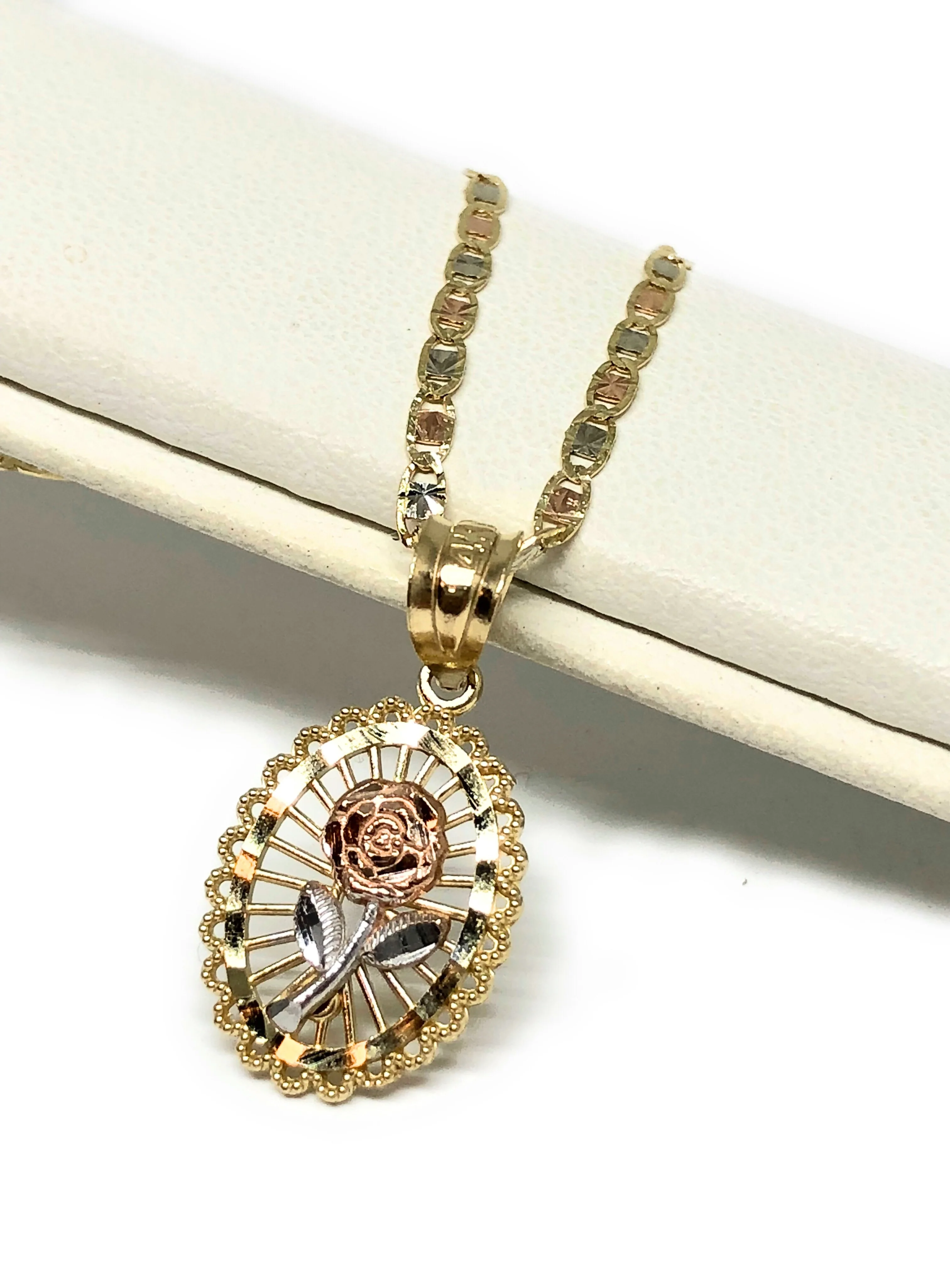 14k Solid Gold Tri-Color Flower Pendant Necklace Tri-Color Valentina Chain - Image 3