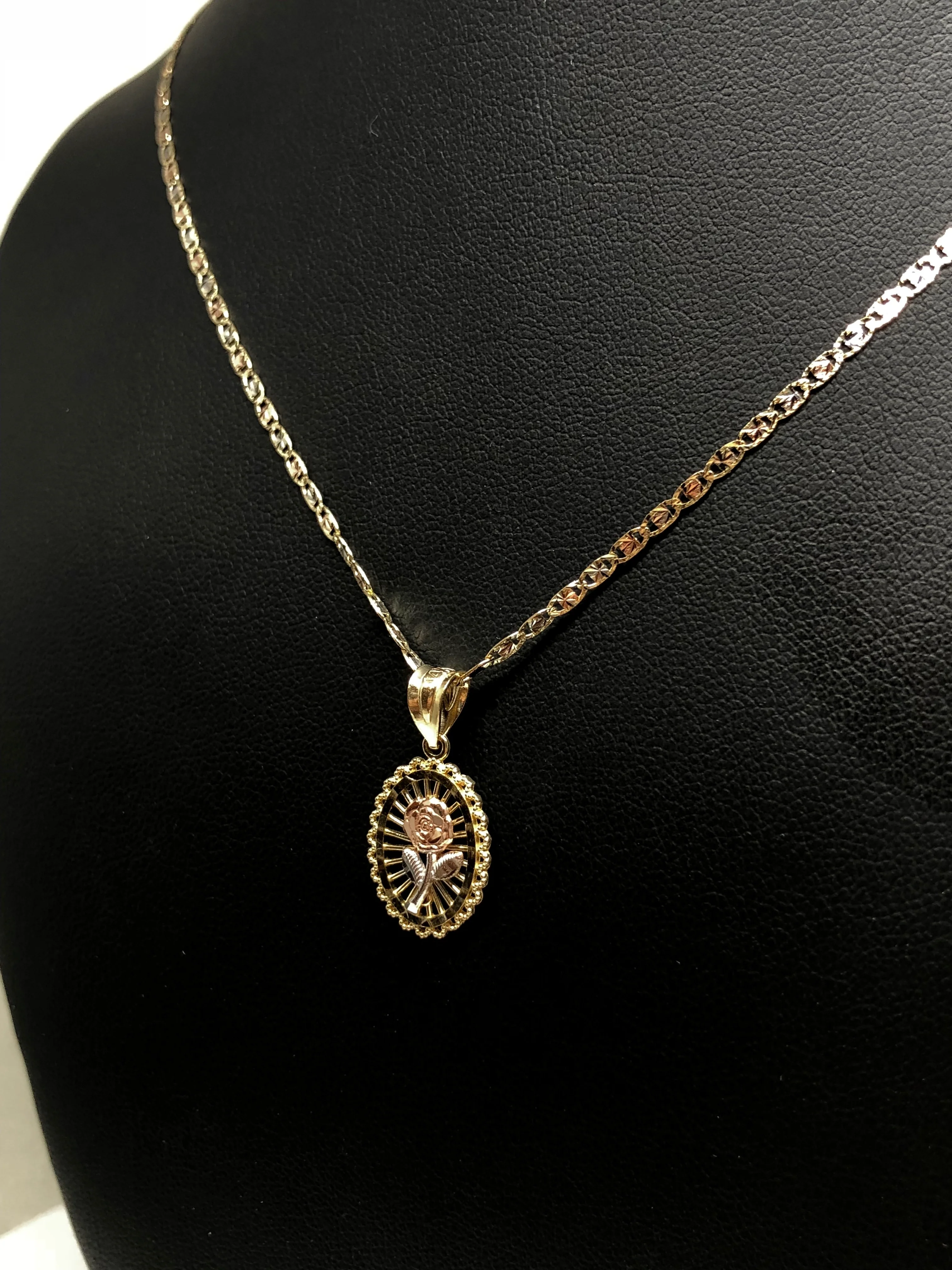 14k Solid Gold Tri-Color Flower Pendant Necklace Tri-Color Valentina Chain - Image 4
