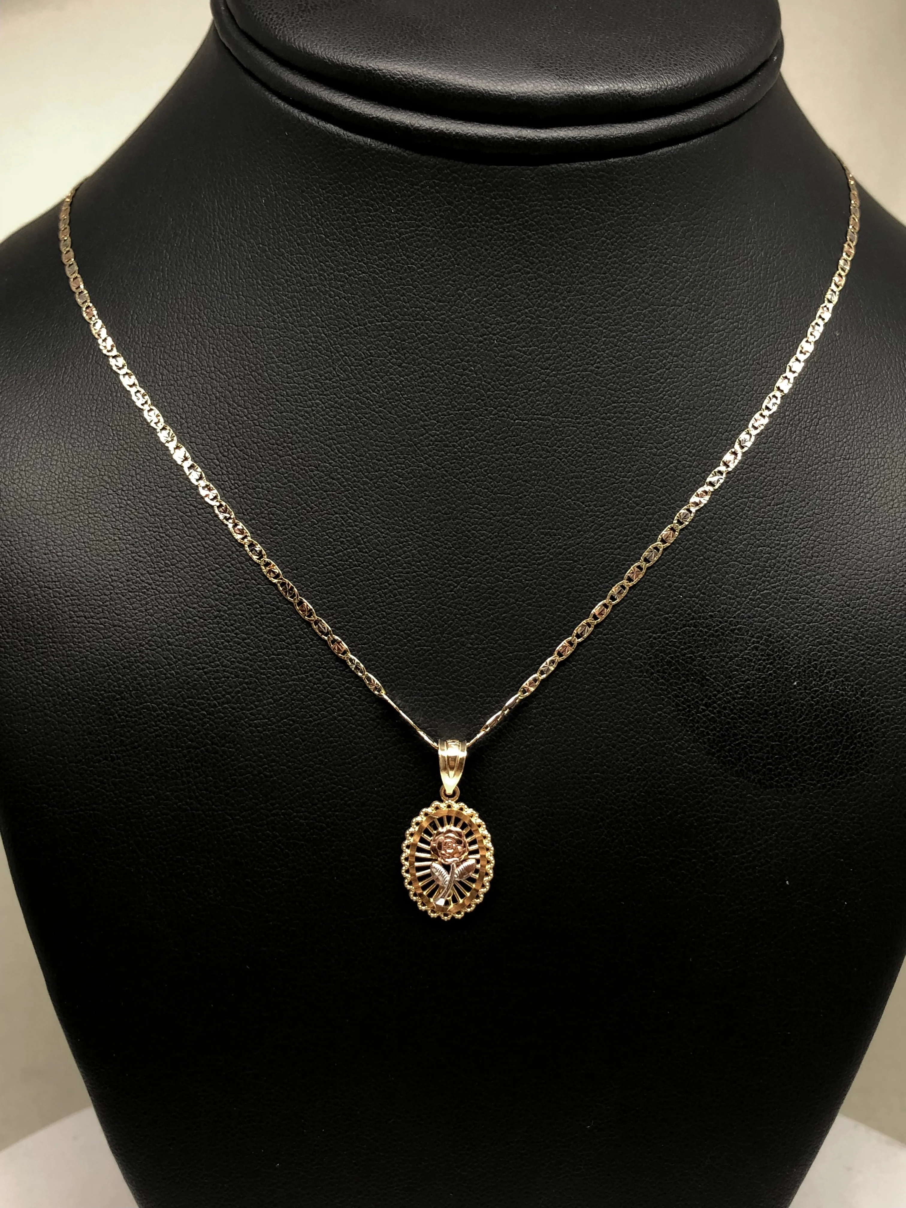 14k Solid Gold Tri-Color Flower Pendant Necklace Tri-Color Valentina Chain - Image 6