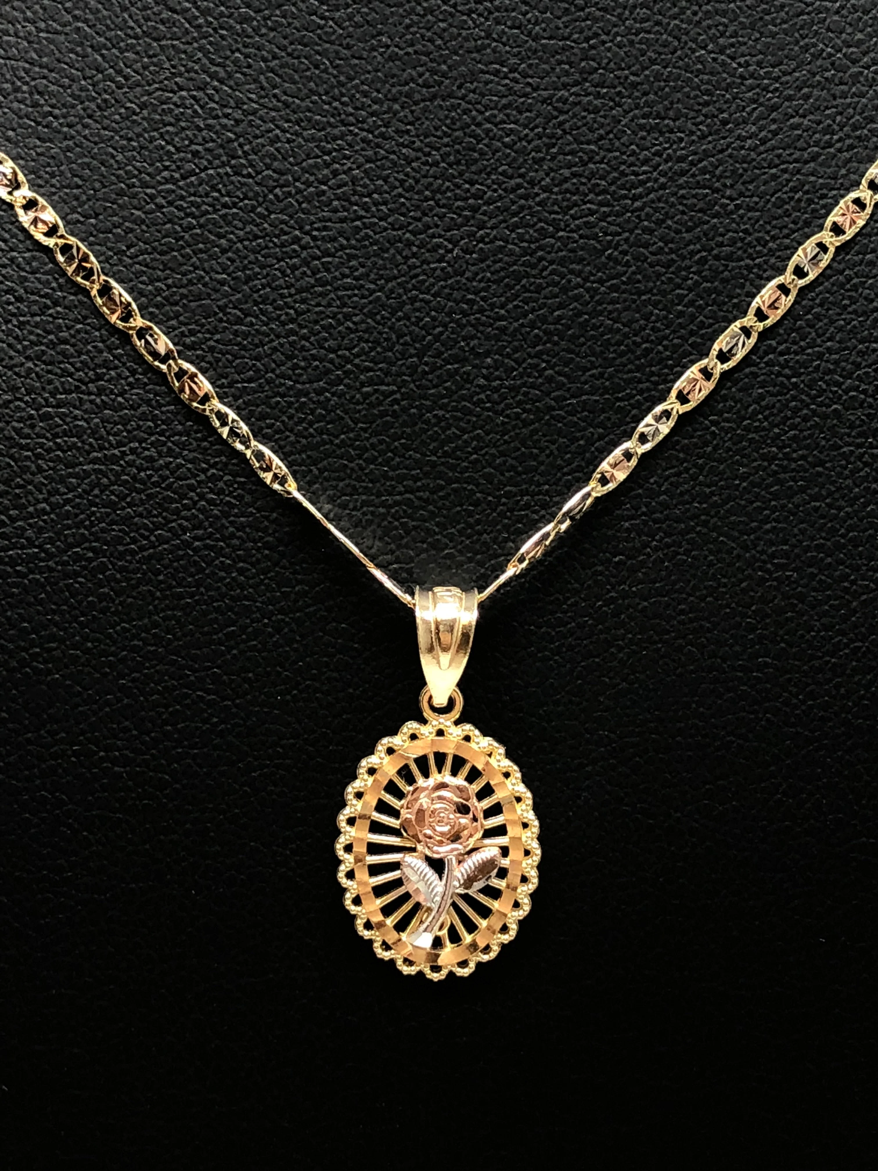 14k Solid Gold Tri-Color Flower Pendant Necklace Tri-Color Valentina Chain - Image 7