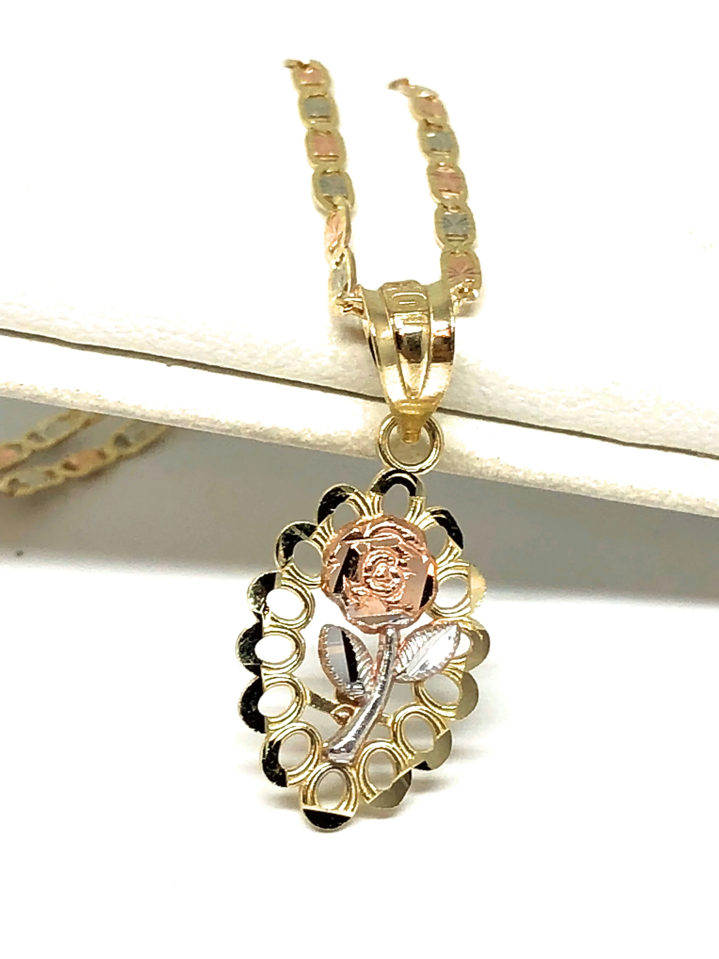 14k Solid Gold Tri-Color Flower Pendant Necklace Tri-Color Valentina Chain