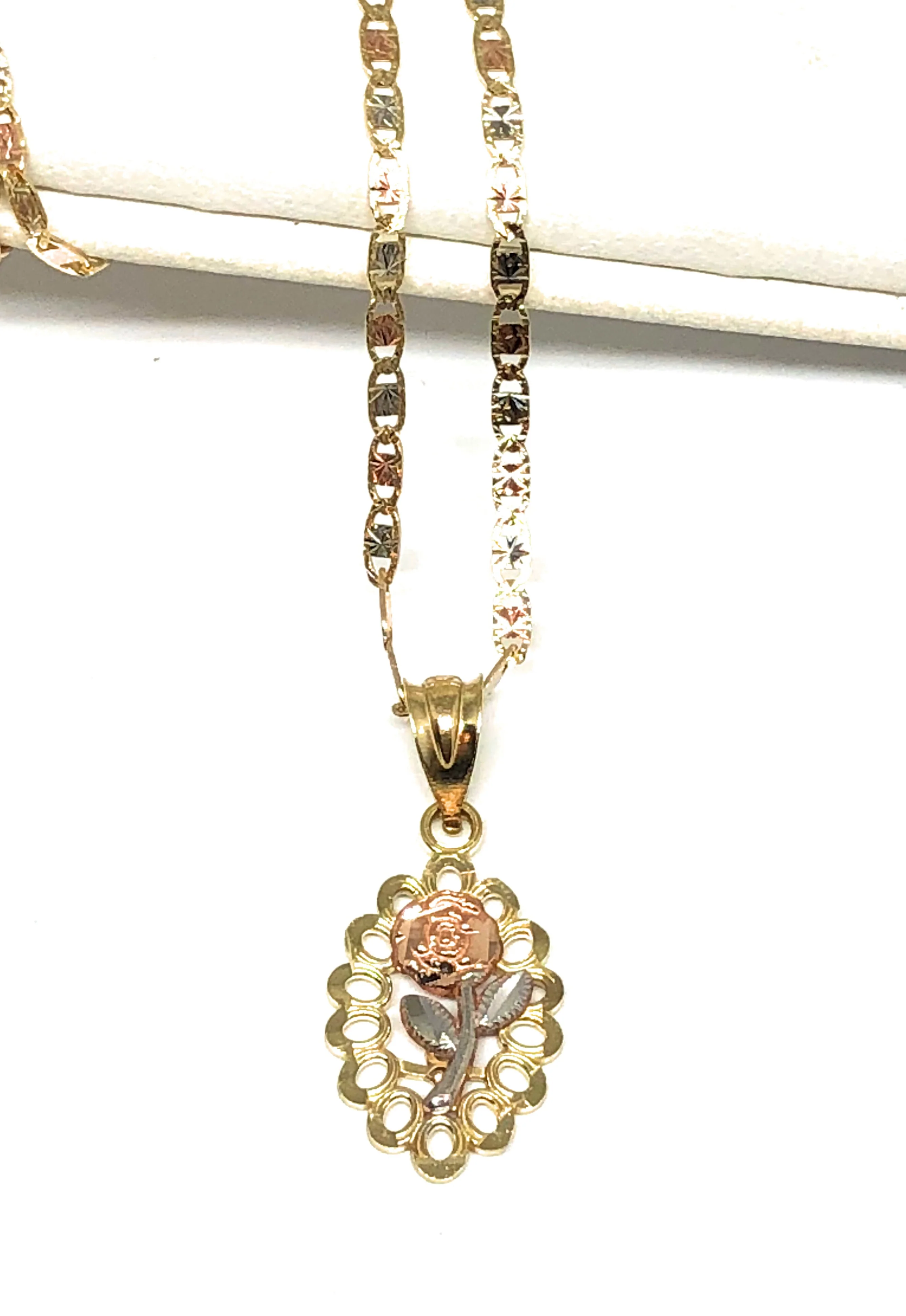 14k Solid Gold Tri-Color Flower Pendant Necklace Tri-Color Valentina Chain - Image 2
