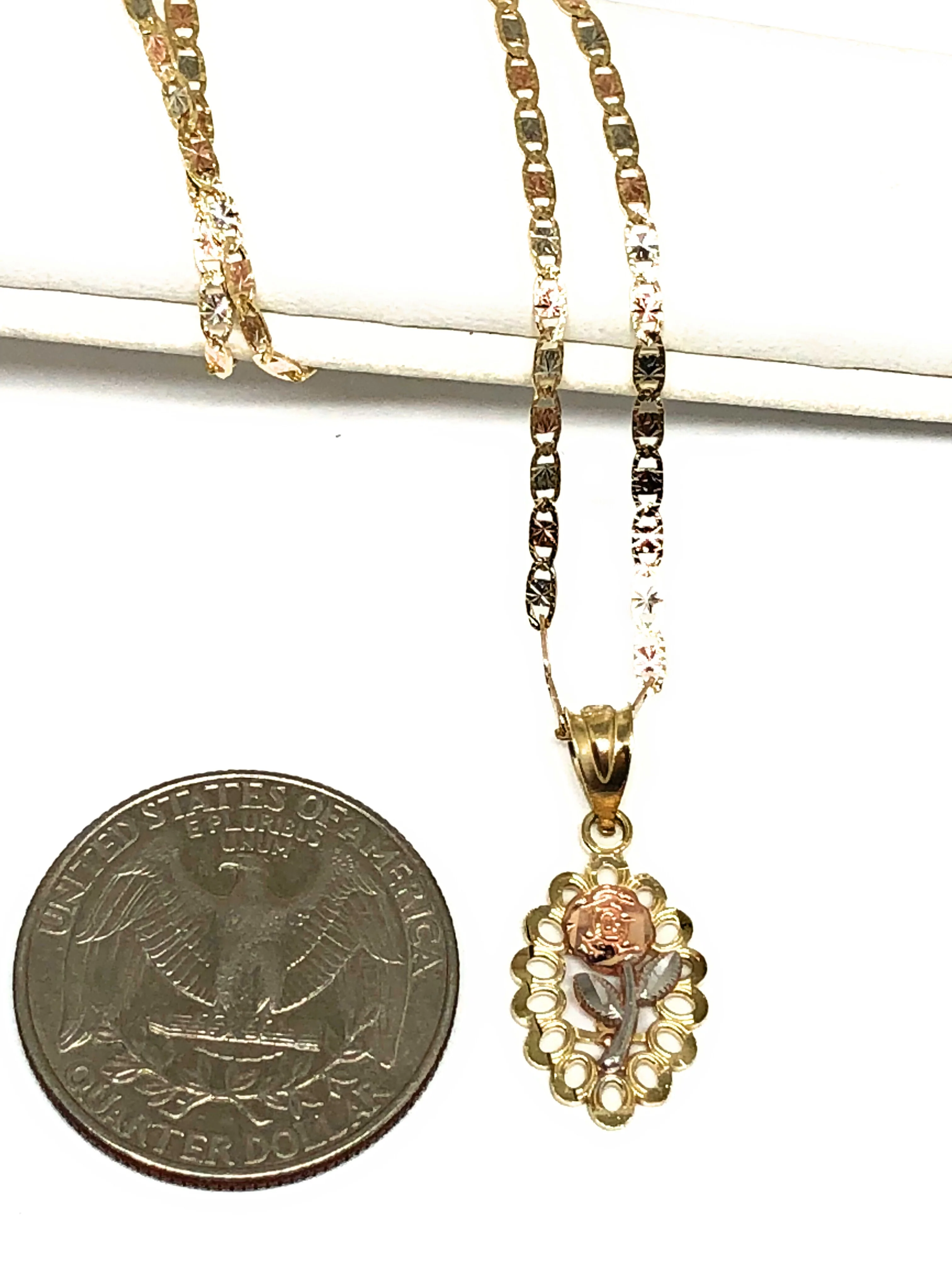 14k Solid Gold Tri-Color Flower Pendant Necklace Tri-Color Valentina Chain - Image 3