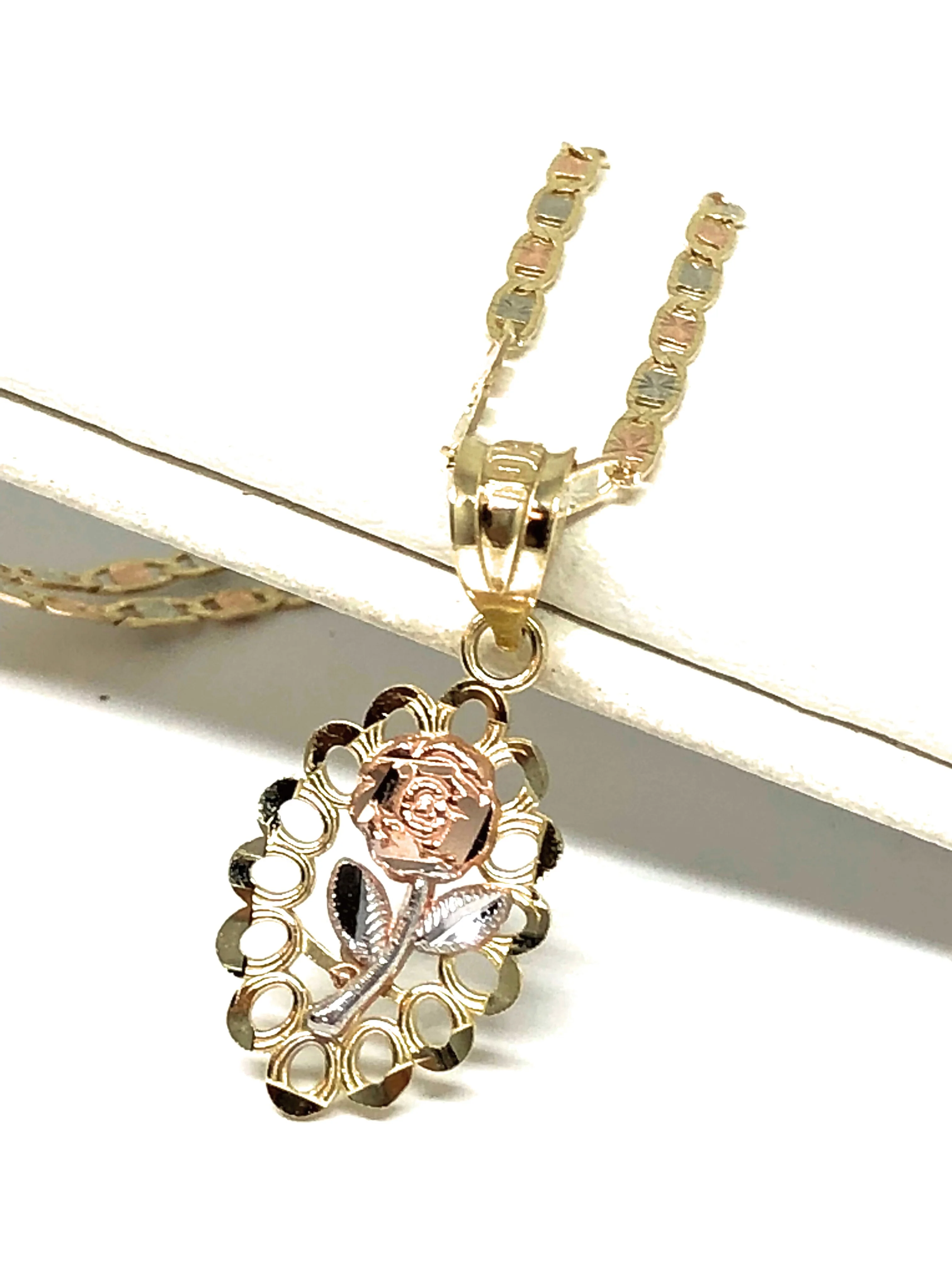 14k Solid Gold Tri-Color Flower Pendant Necklace Tri-Color Valentina Chain - Image 4