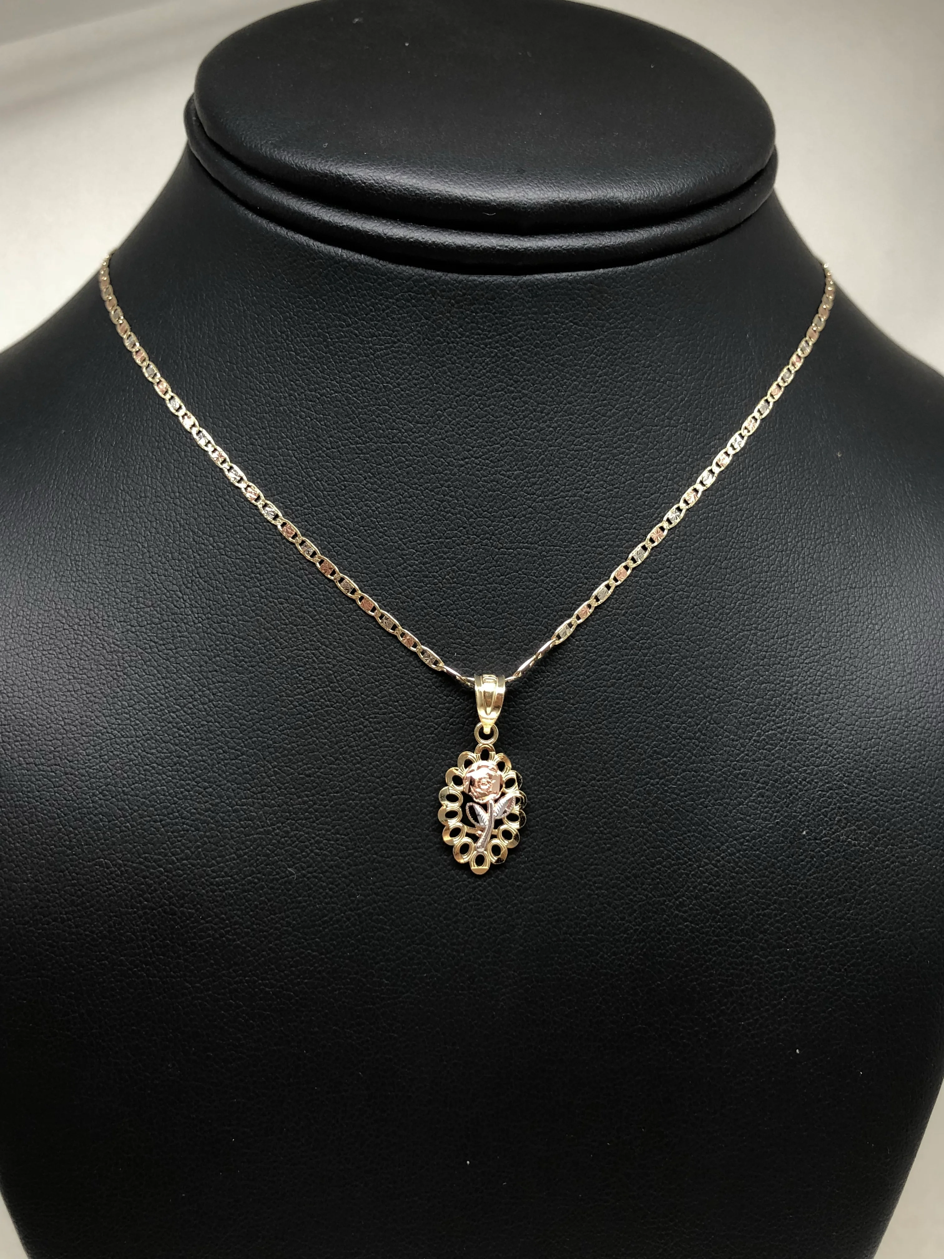14k Solid Gold Tri-Color Flower Pendant Necklace Tri-Color Valentina Chain - Image 6