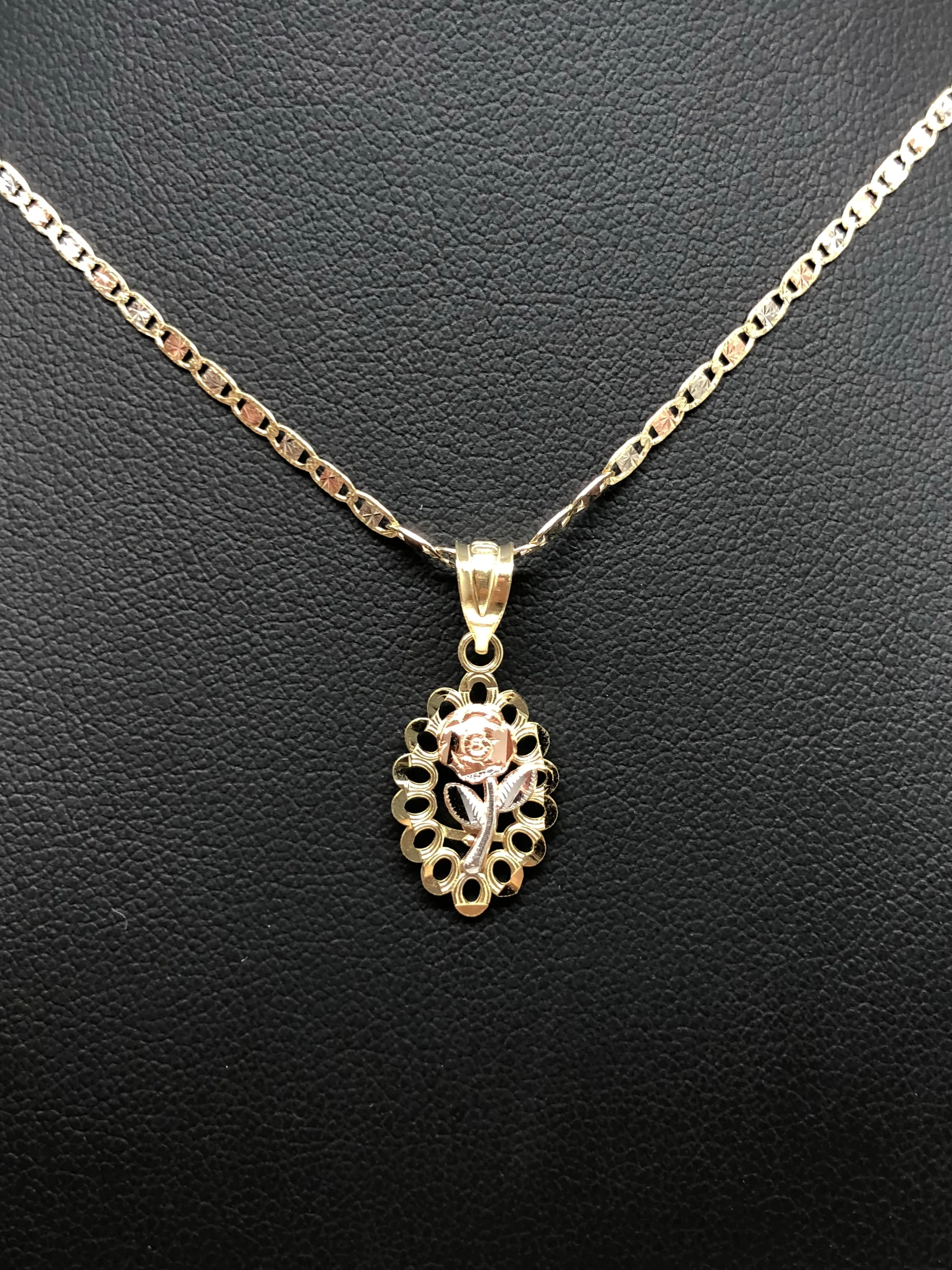 14k Solid Gold Tri-Color Flower Pendant Necklace Tri-Color Valentina Chain - Image 8