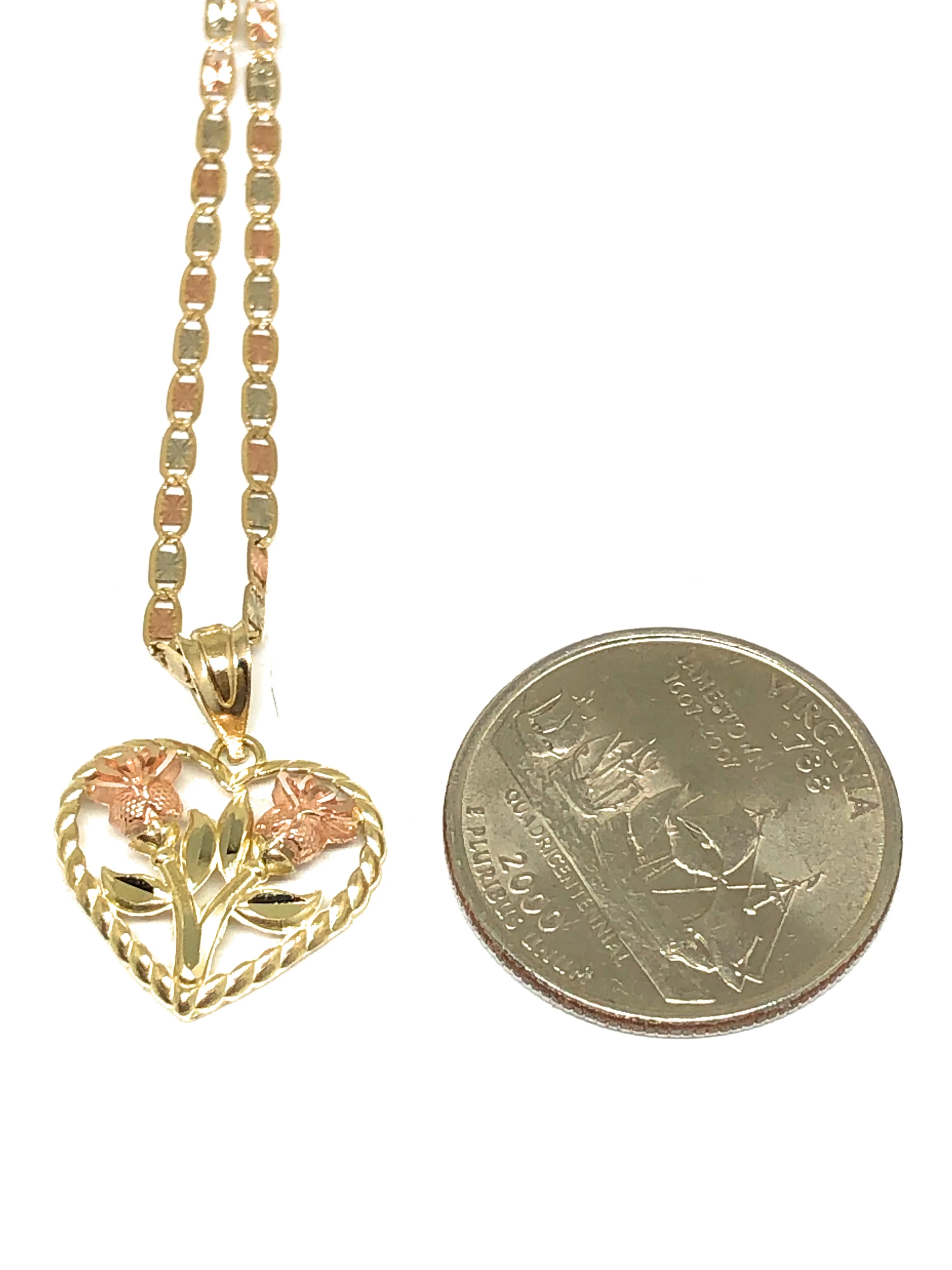 14k Solid Gold Tri-Color Gold Double Rose Flower Pendant Necklace Valentina Chain - Image 3