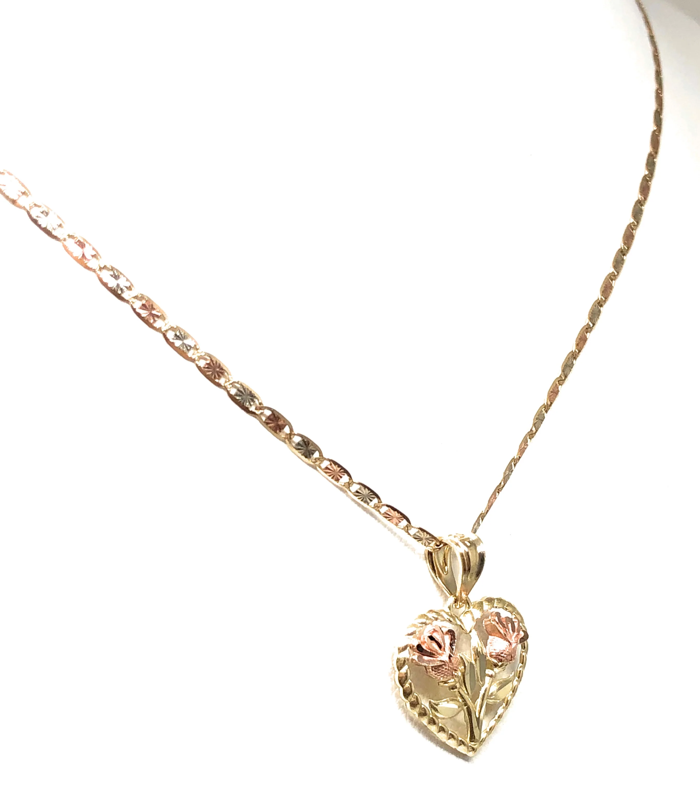 14k Solid Gold Tri-Color Gold Double Rose Flower Pendant Necklace Valentina Chain - Image 4