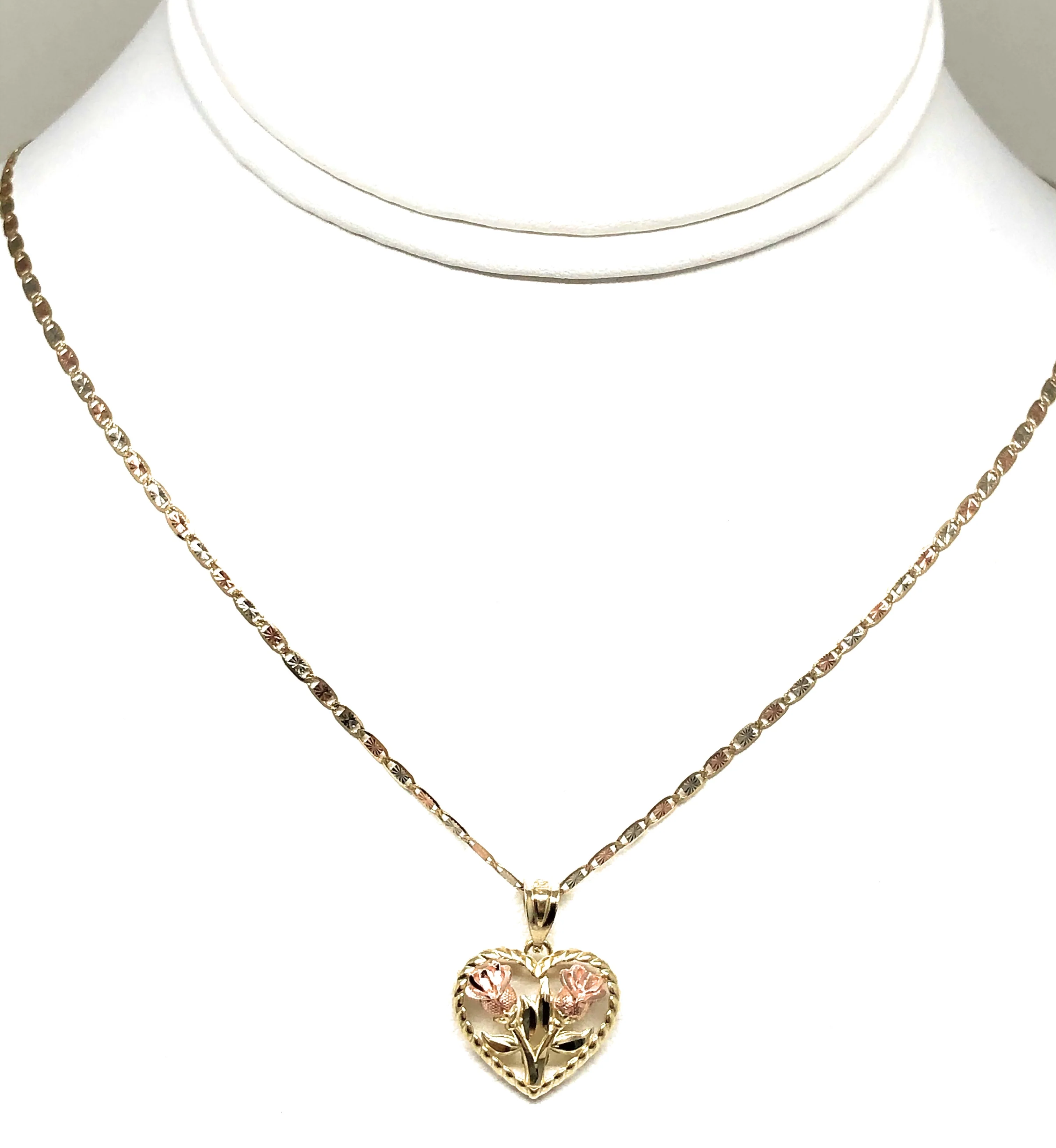 14k Solid Gold Tri-Color Gold Double Rose Flower Pendant Necklace Valentina Chain - Image 6