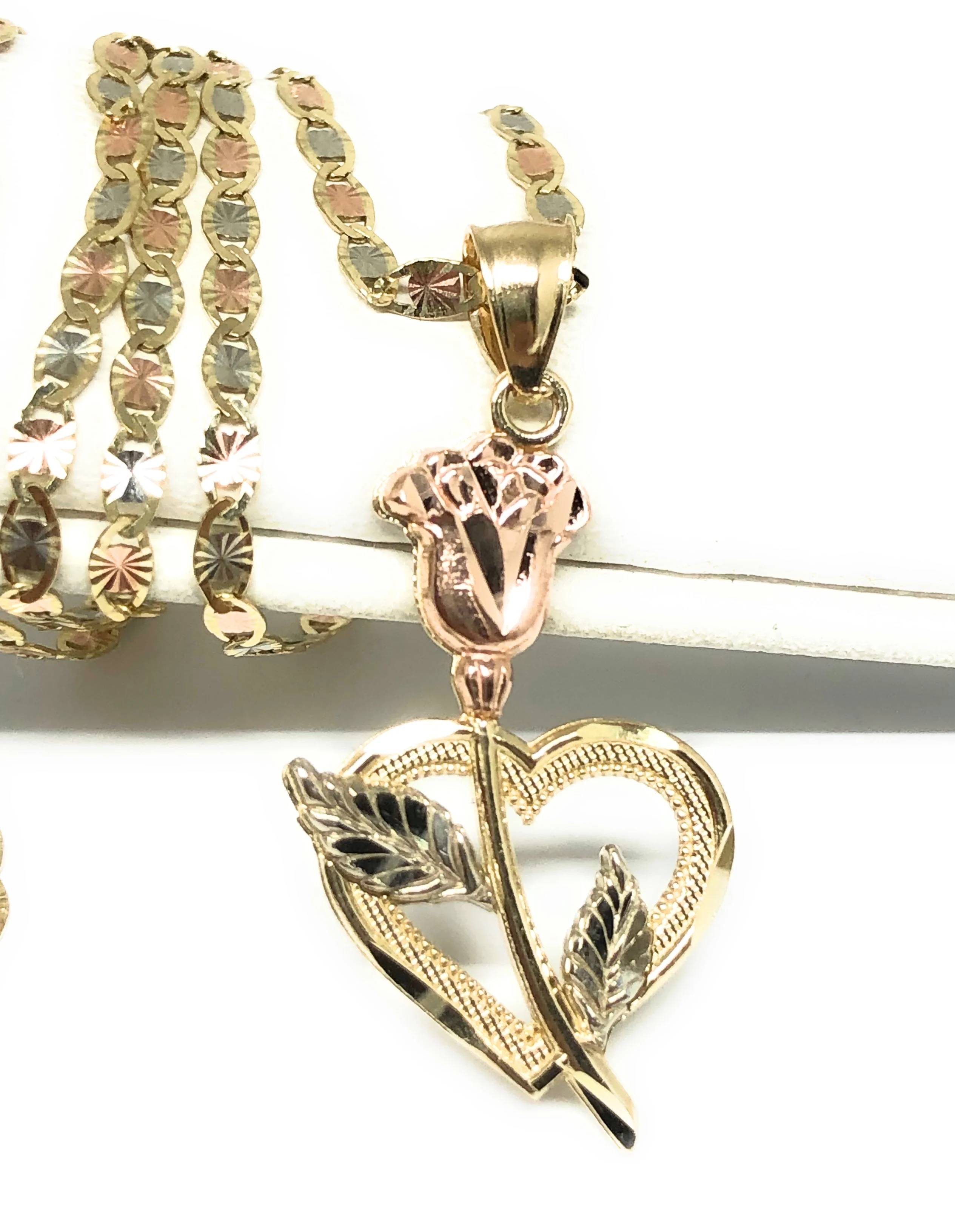 14k Solid Gold Tri-Color  Heart Flower Pendant Necklace Valentina Chain