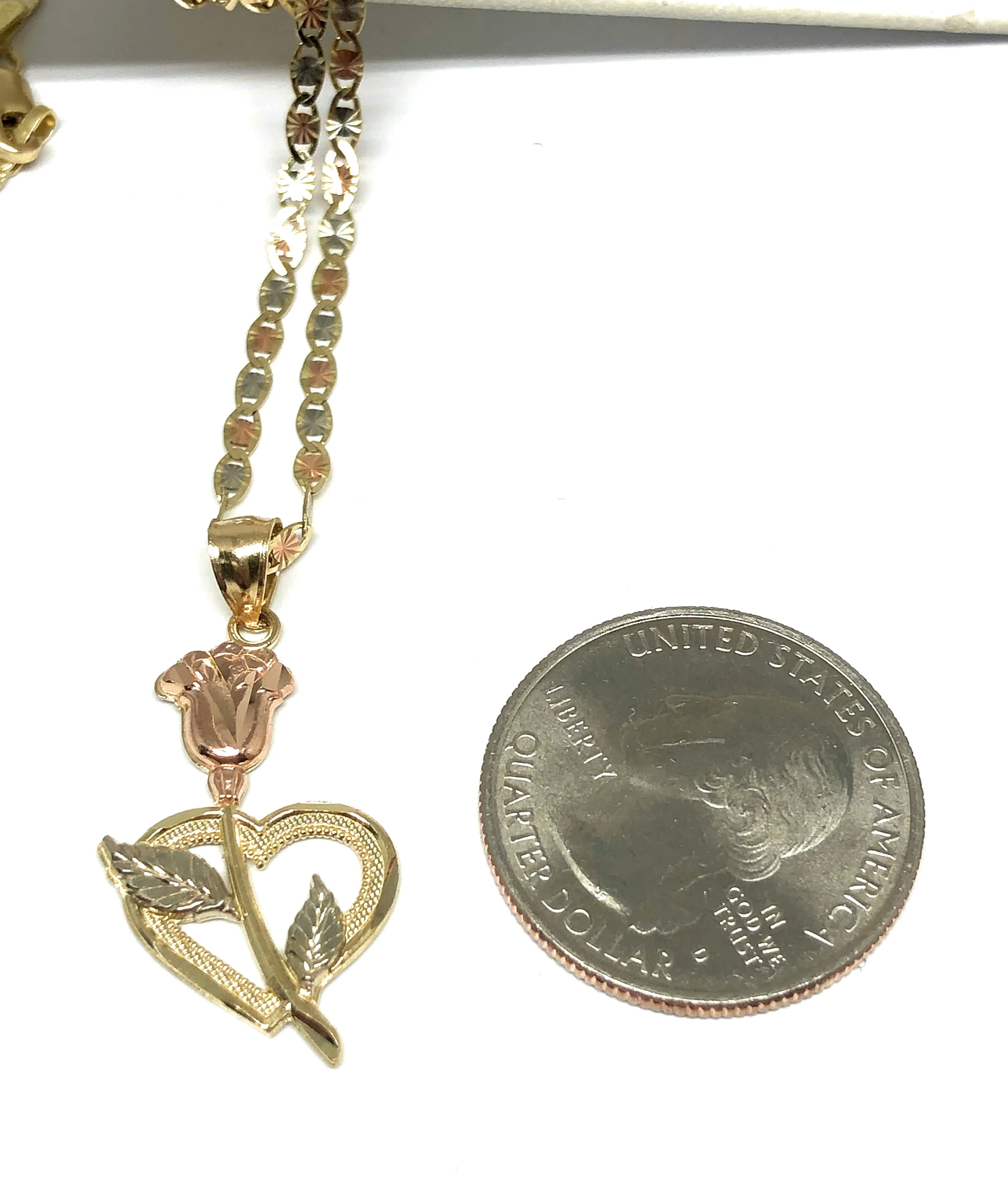 14k Solid Gold Tri-Color  Heart Flower Pendant Necklace Valentina Chain - Image 2