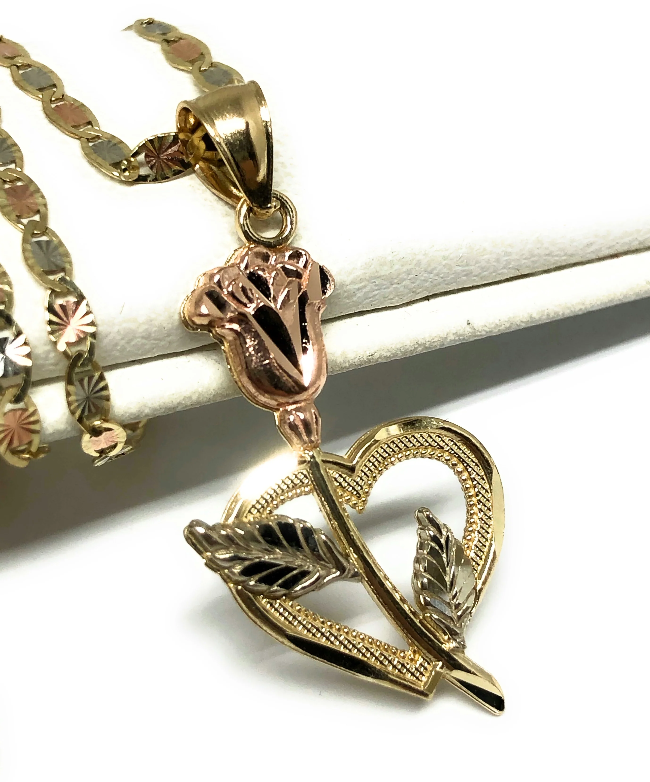 14k Solid Gold Tri-Color  Heart Flower Pendant Necklace Valentina Chain - Image 3