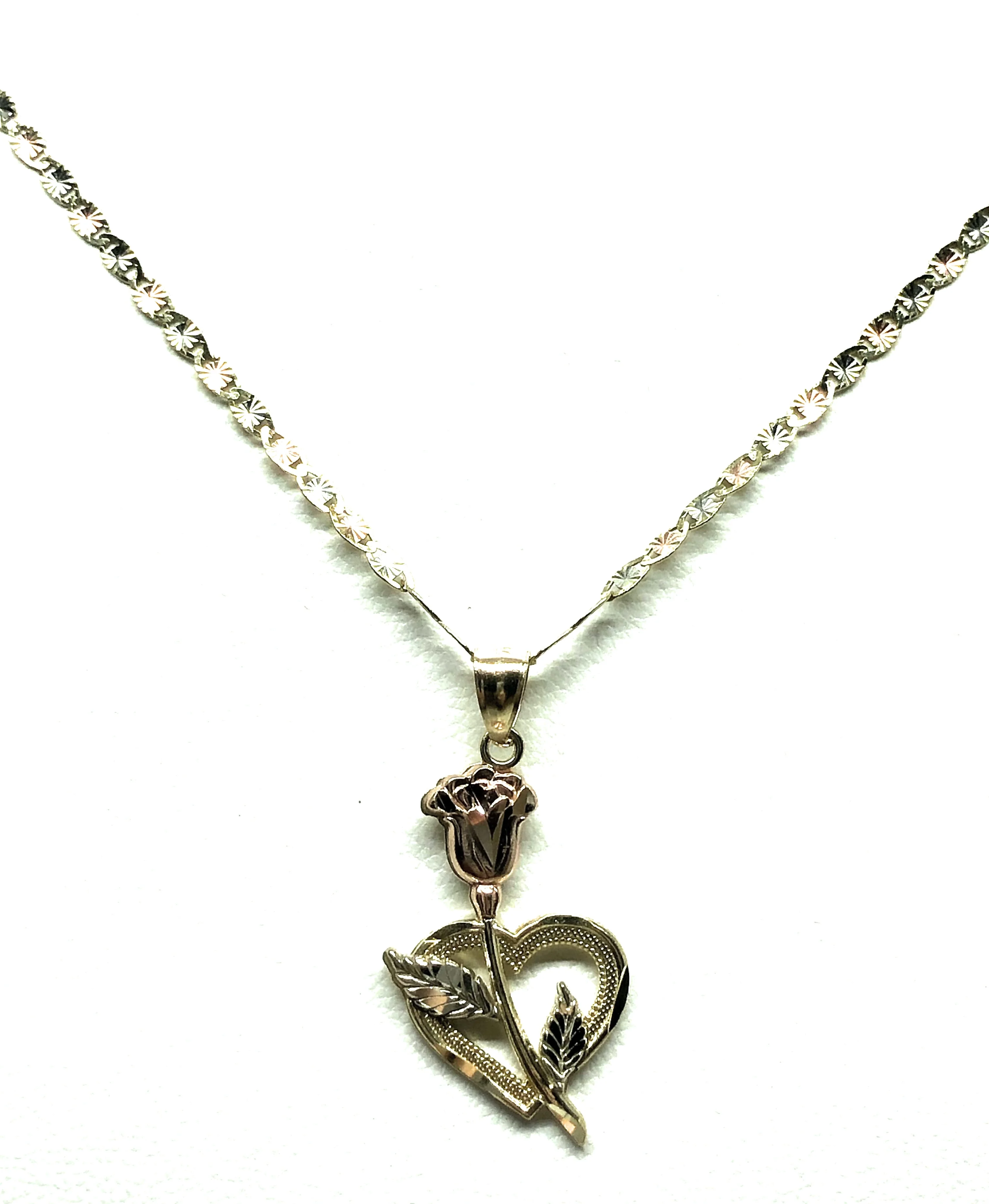 14k Solid Gold Tri-Color  Heart Flower Pendant Necklace Valentina Chain - Image 4