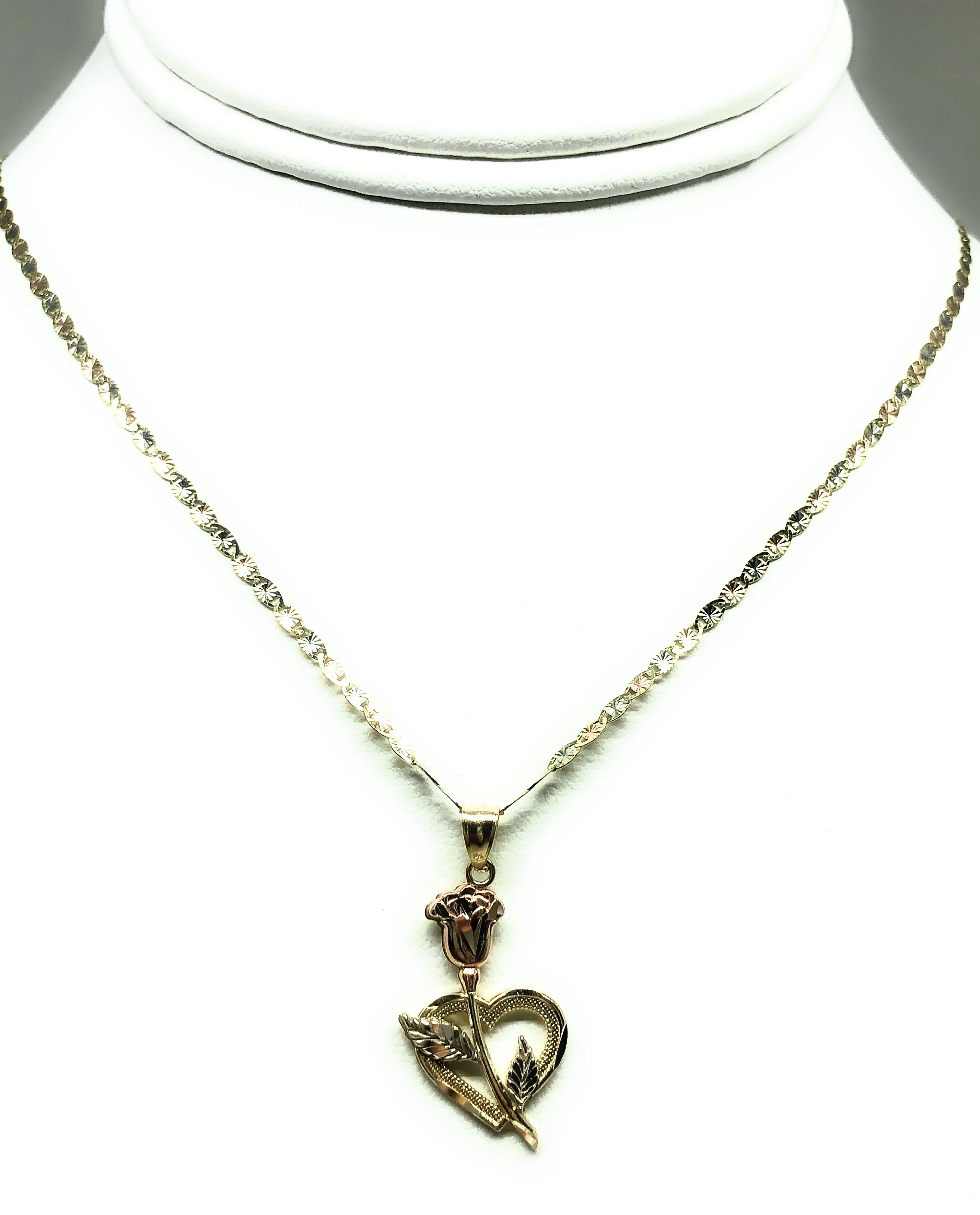 14k Solid Gold Tri-Color  Heart Flower Pendant Necklace Valentina Chain - Image 5