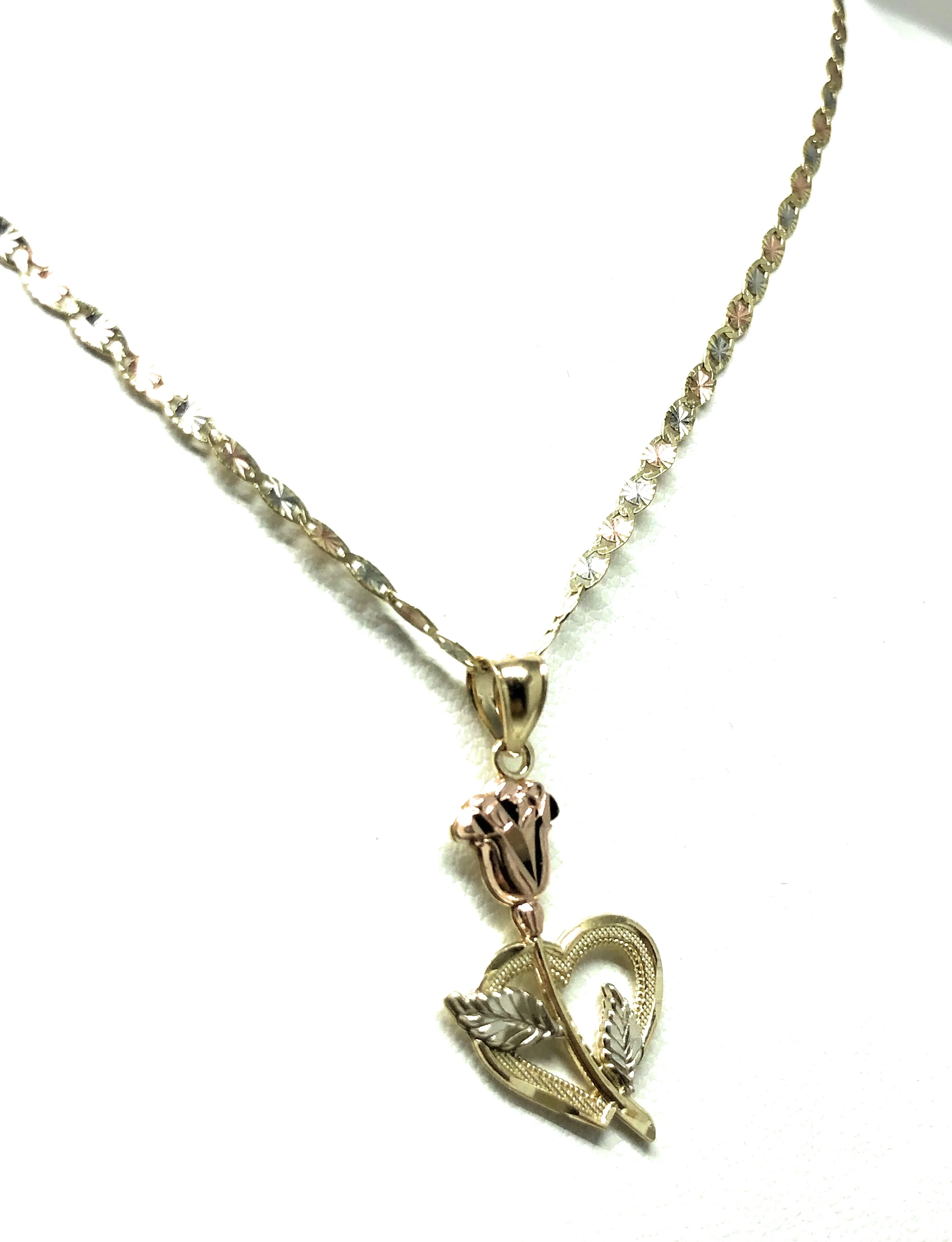 14k Solid Gold Tri-Color  Heart Flower Pendant Necklace Valentina Chain - Image 6