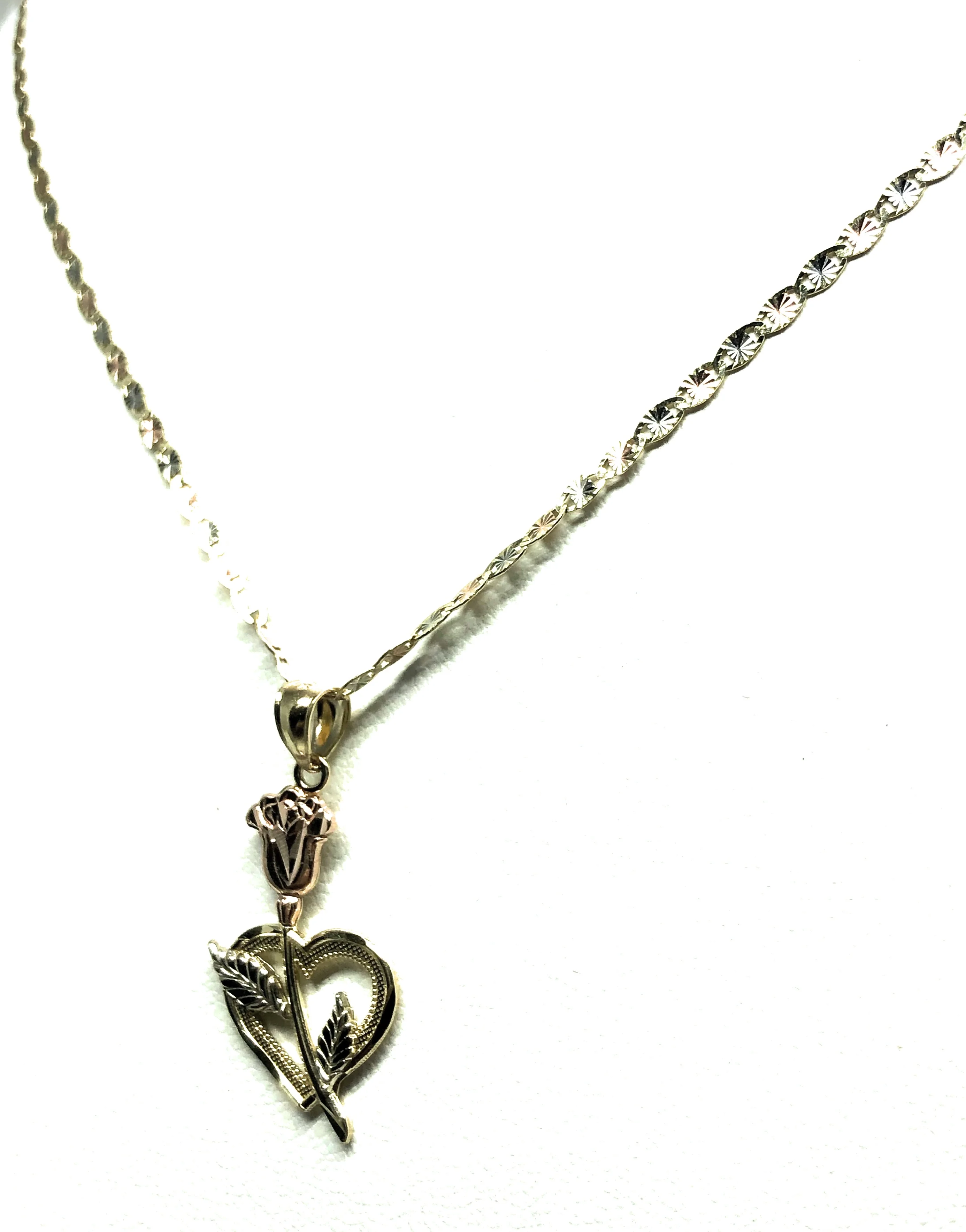 14k Solid Gold Tri-Color  Heart Flower Pendant Necklace Valentina Chain - Image 7
