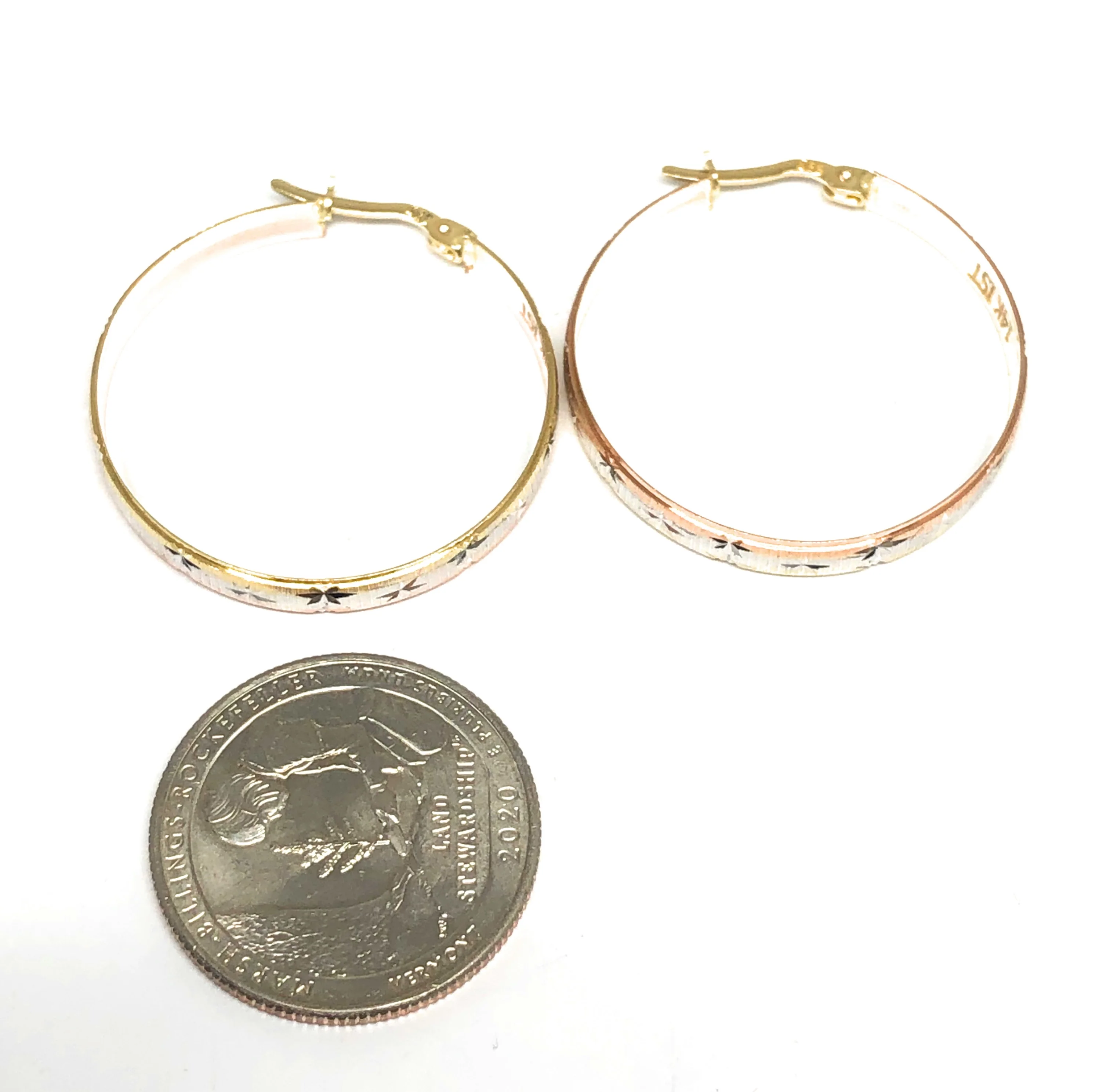 14k Solid Gold Tri-Color Hoop Earrings (1 INCH HOOP) - Image 2