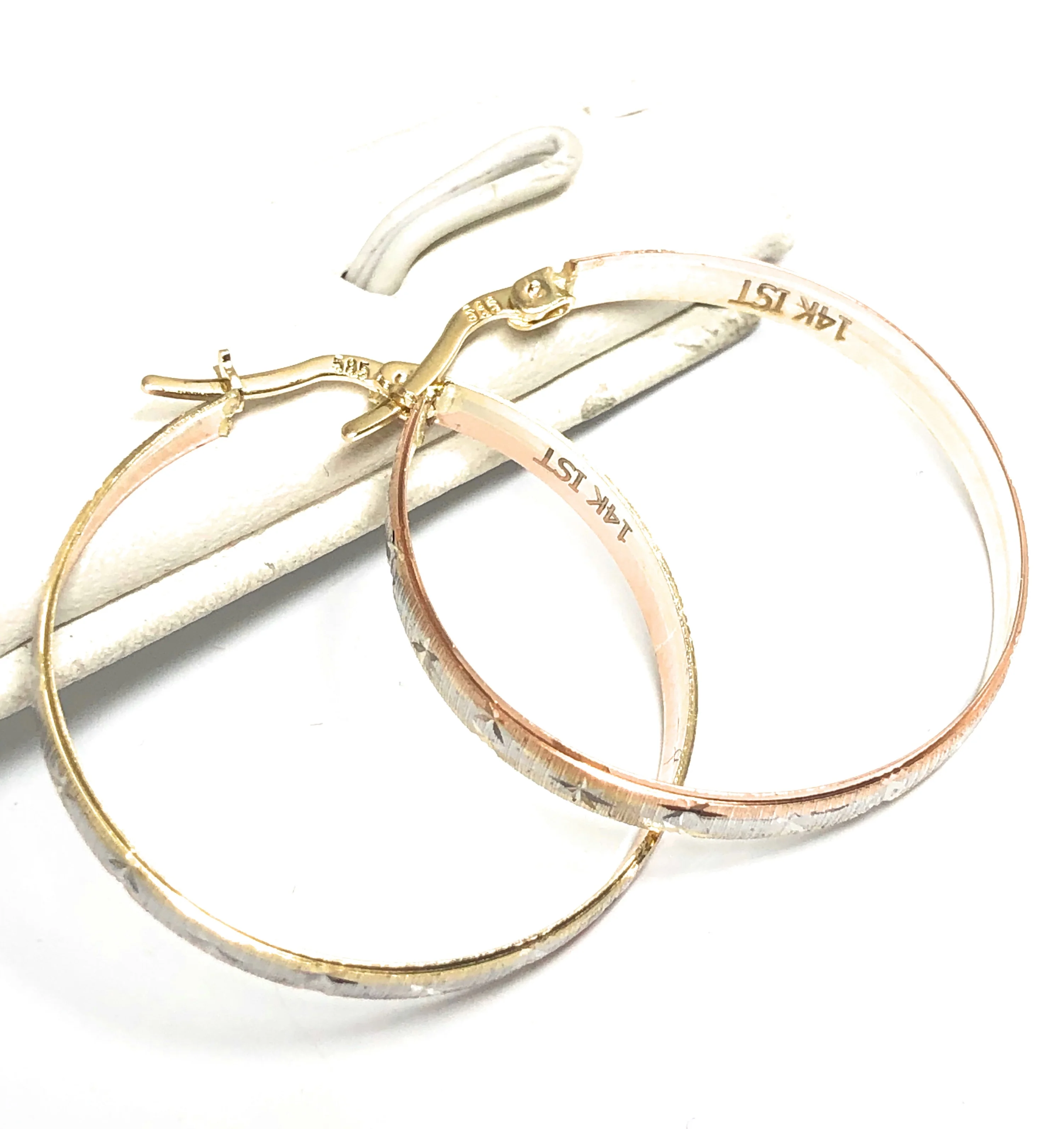 14k Solid Gold Tri-Color Hoop Earrings (1 INCH HOOP) - Image 3