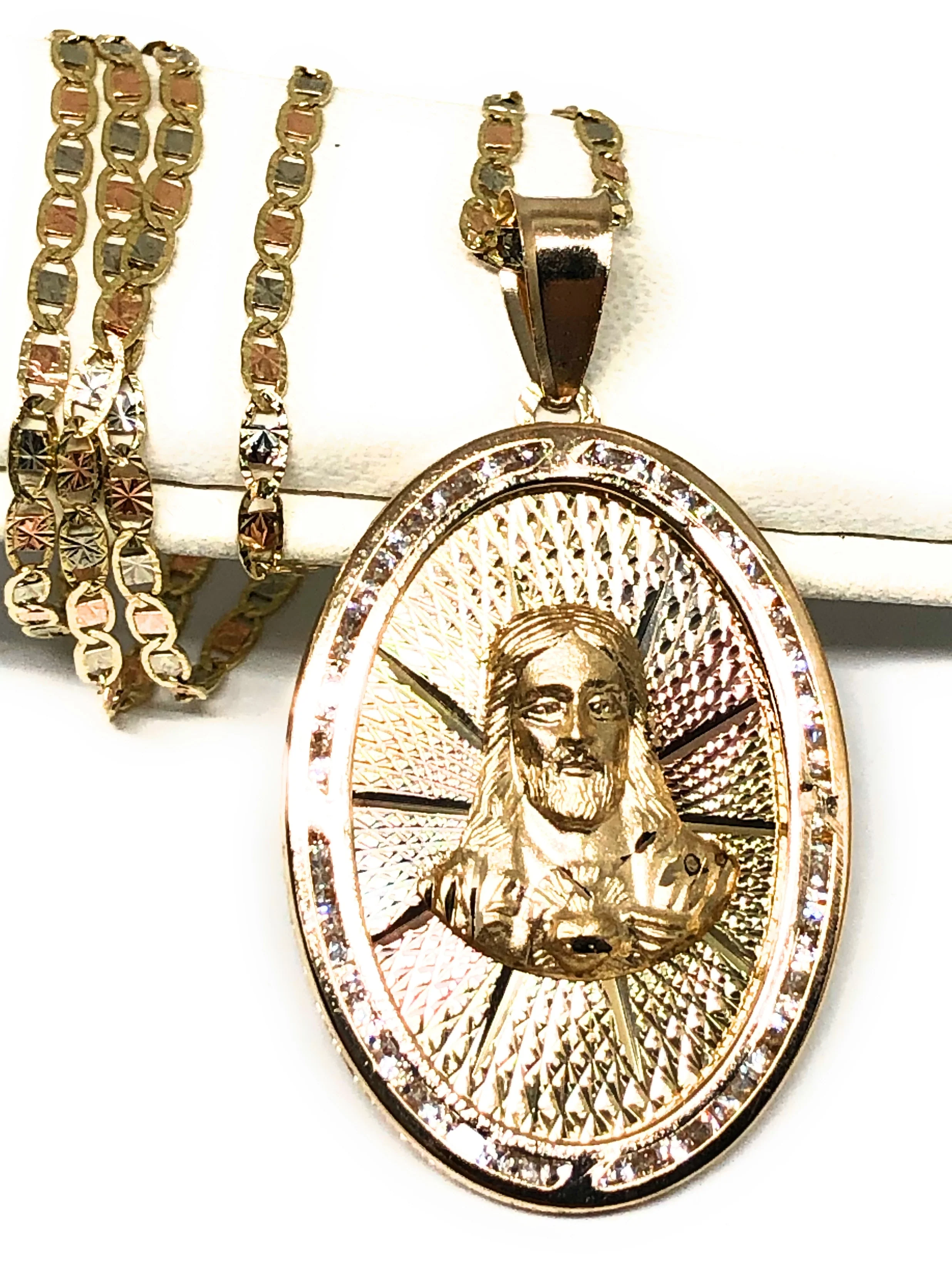 14k Solid Gold Tri-Color Jesus Sagrado Corazon Oval Pendant Necklace Valentina Chain - Image 3