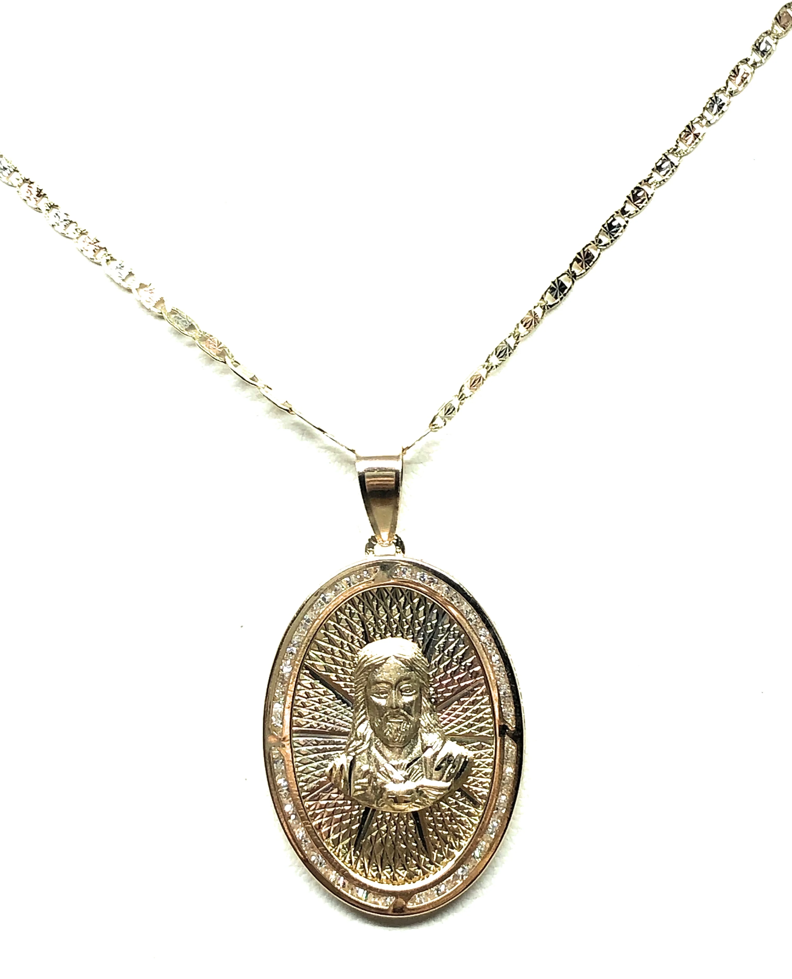 14k Solid Gold Tri-Color Jesus Sagrado Corazon Oval Pendant Necklace Valentina Chain - Image 5