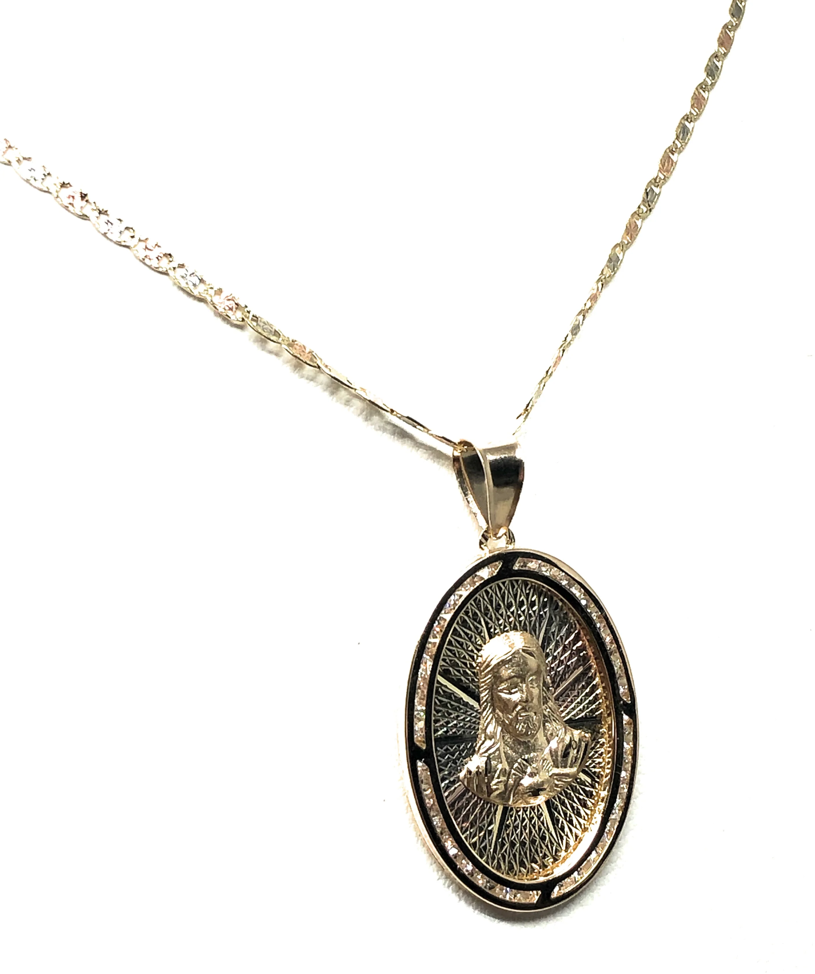 14k Solid Gold Tri-Color Jesus Sagrado Corazon Oval Pendant Necklace Valentina Chain - Image 6