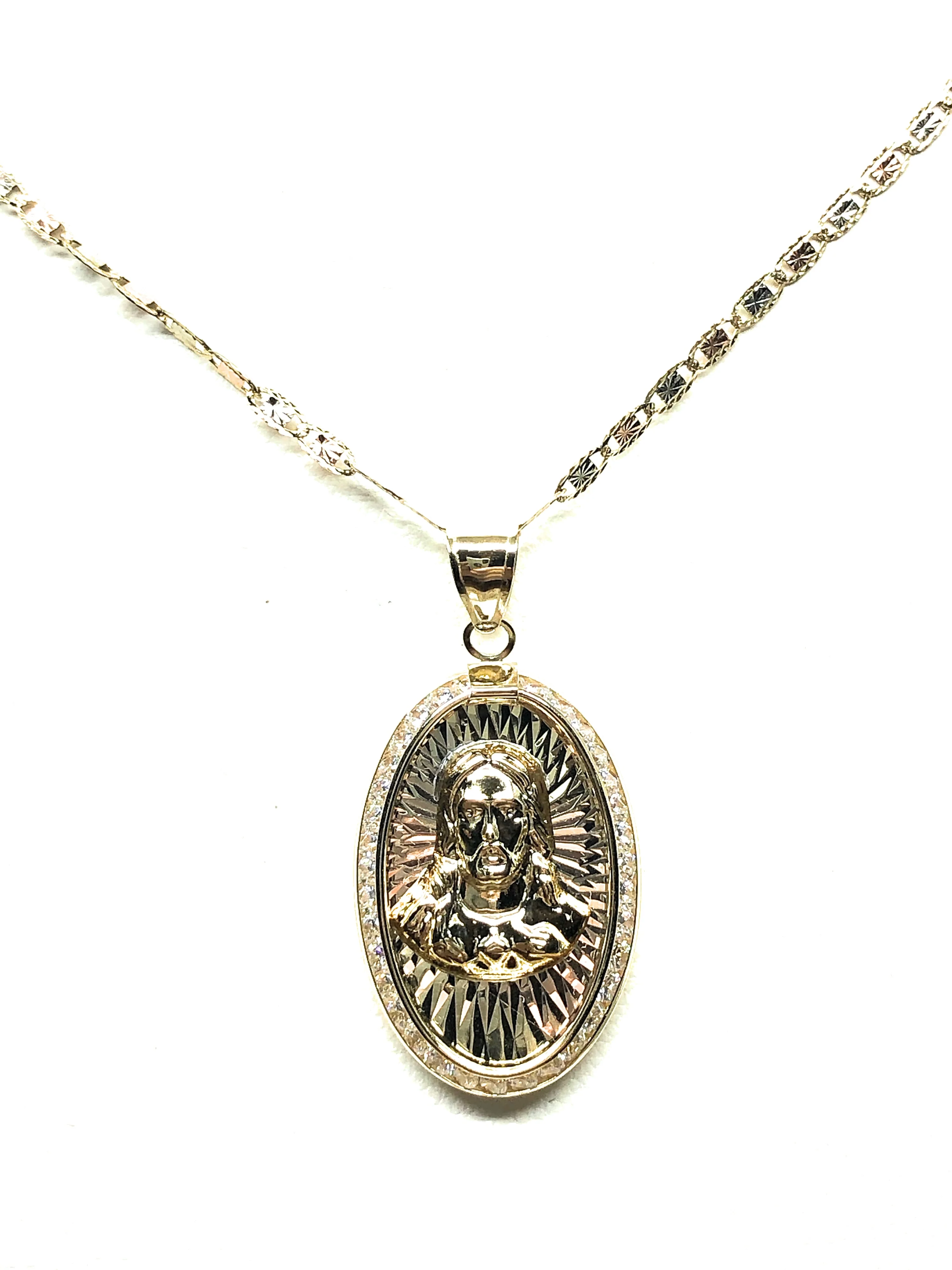 14k Solid Gold Tri-Color Jesus Sagrado Corazon Oval Pendant Necklace Valentina Chain - Image 5