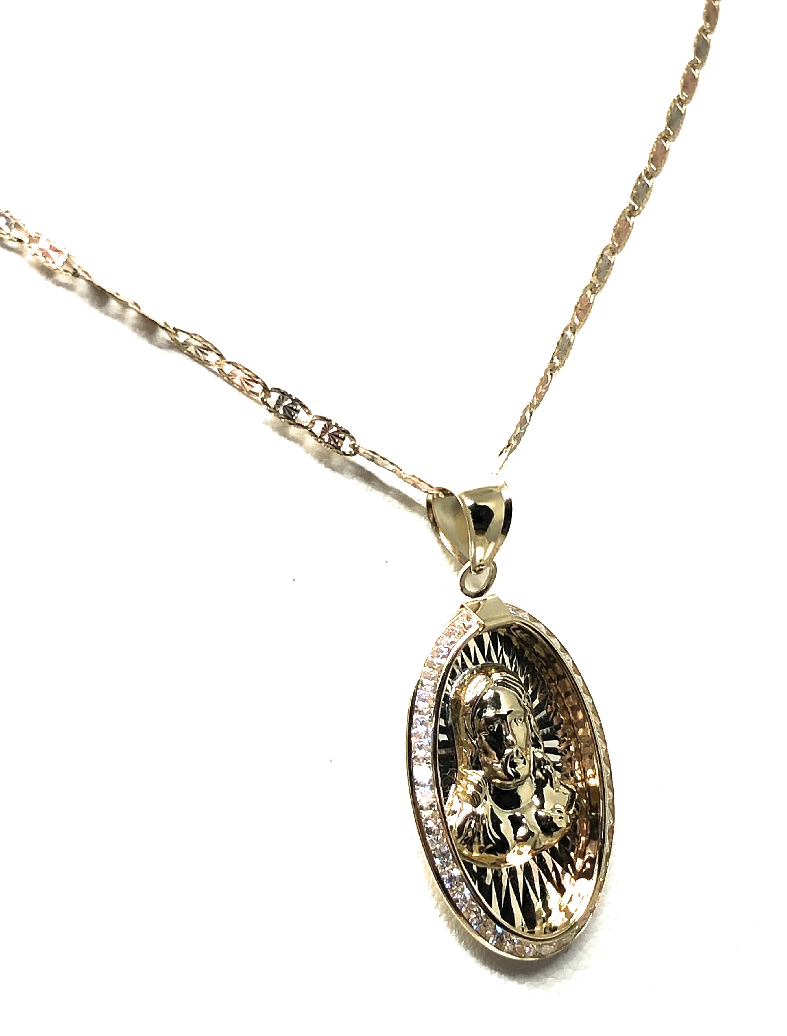 14k Solid Gold Tri-Color Jesus Sagrado Corazon Oval Pendant Necklace Valentina Chain - Image 6