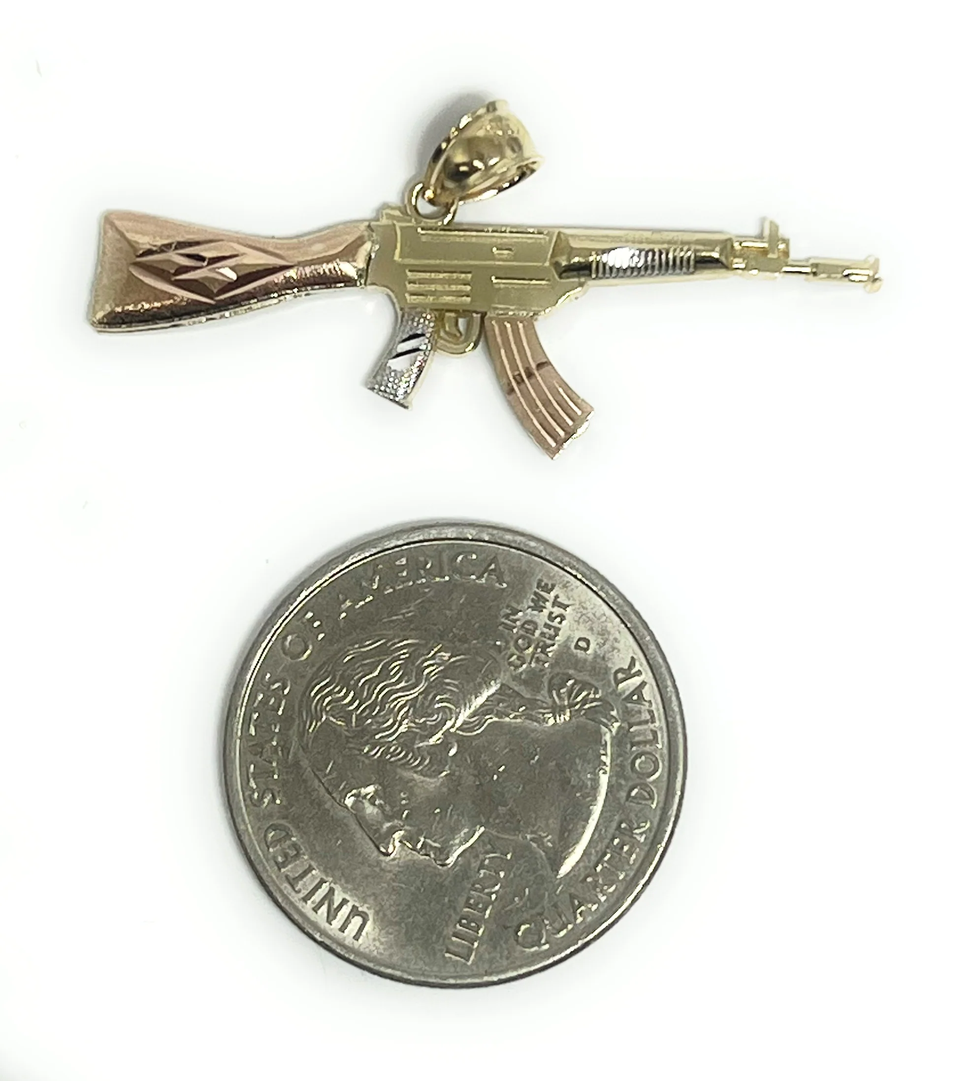 14k Solid Gold Tri-Color Machine Gun AK-47 Pendant Necklace (SM, MED) - Image 2