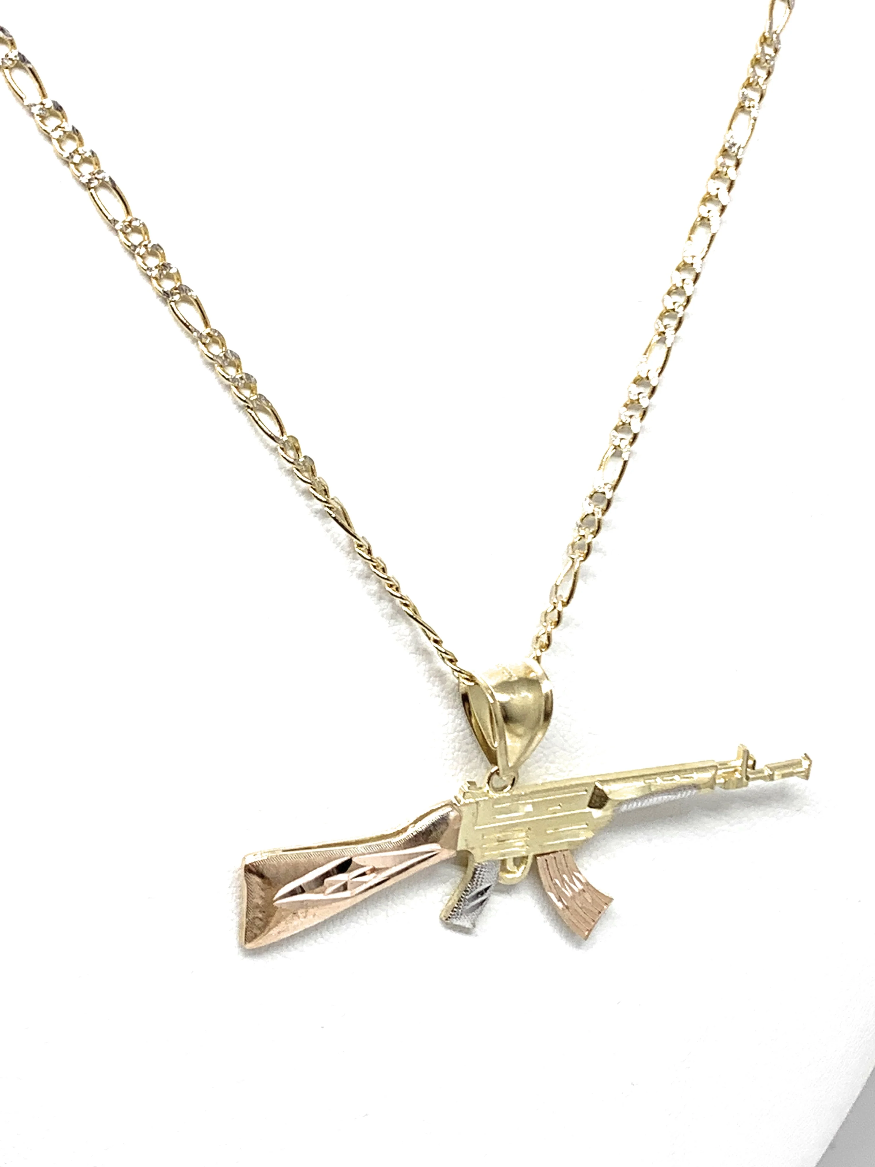 14k Solid Gold Tri-Color Machine Gun AK-47 Pendant Necklace (SM, MED) - Image 4