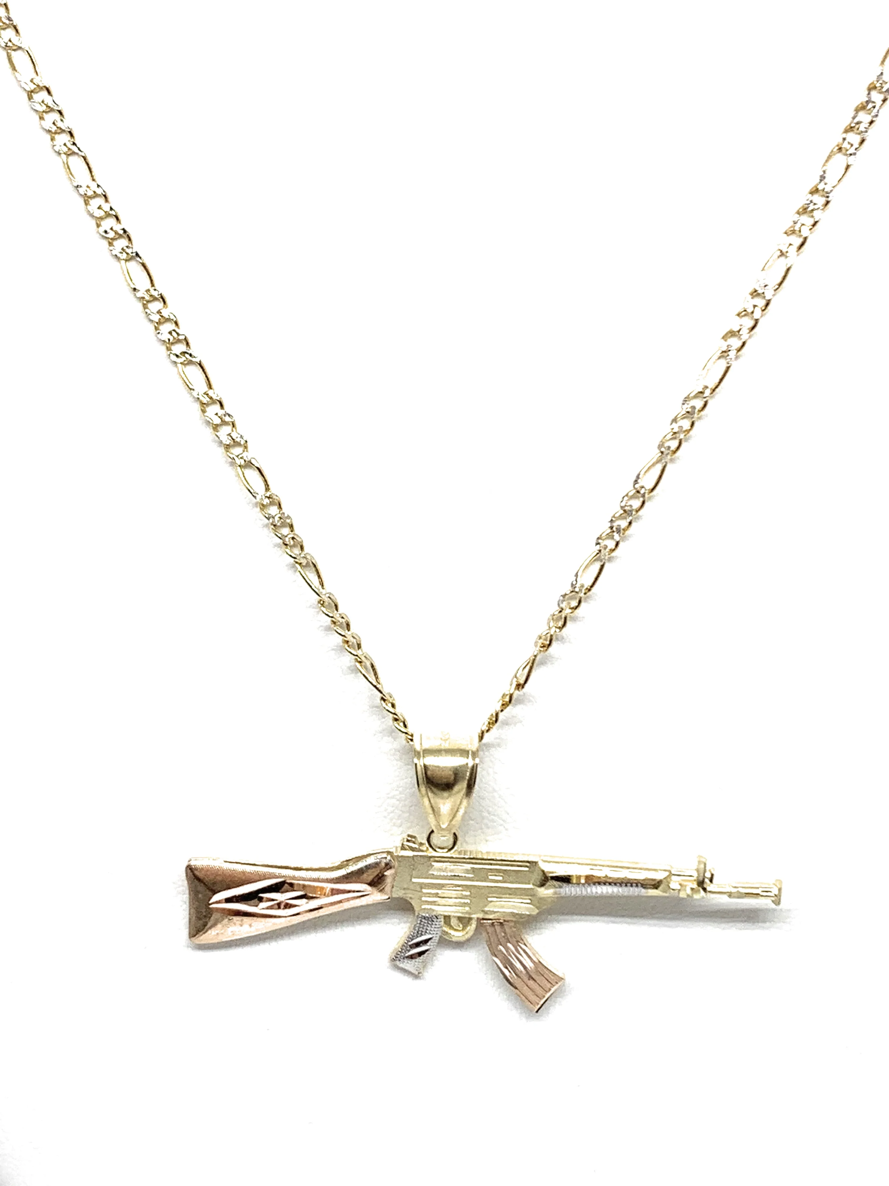 14k Solid Gold Tri-Color Machine Gun AK-47 Pendant Necklace (SM, MED) - Image 5
