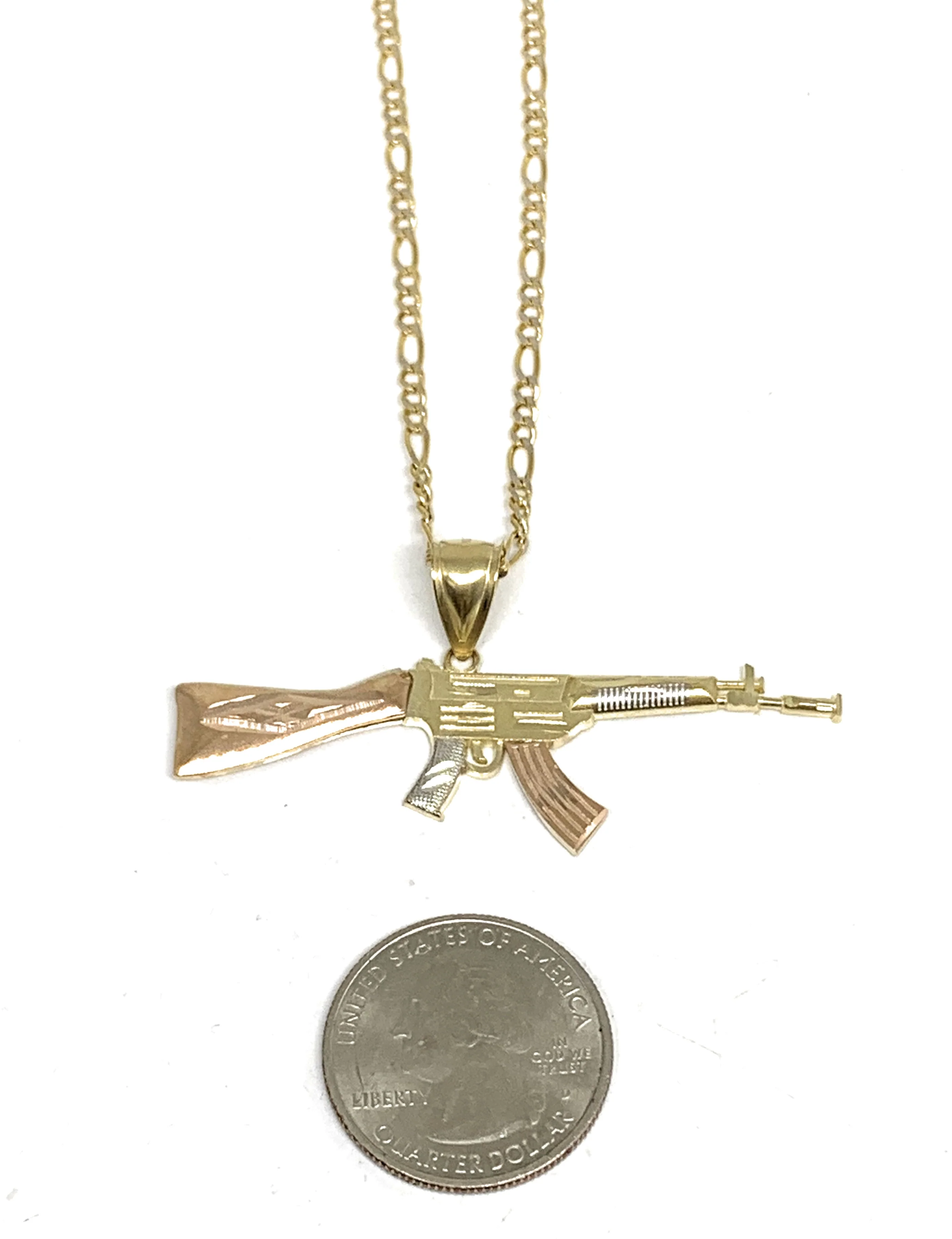 14k Solid Gold Tri-Color Machine Gun AK-47 Pendant Necklace (SM, MED) - Image 8