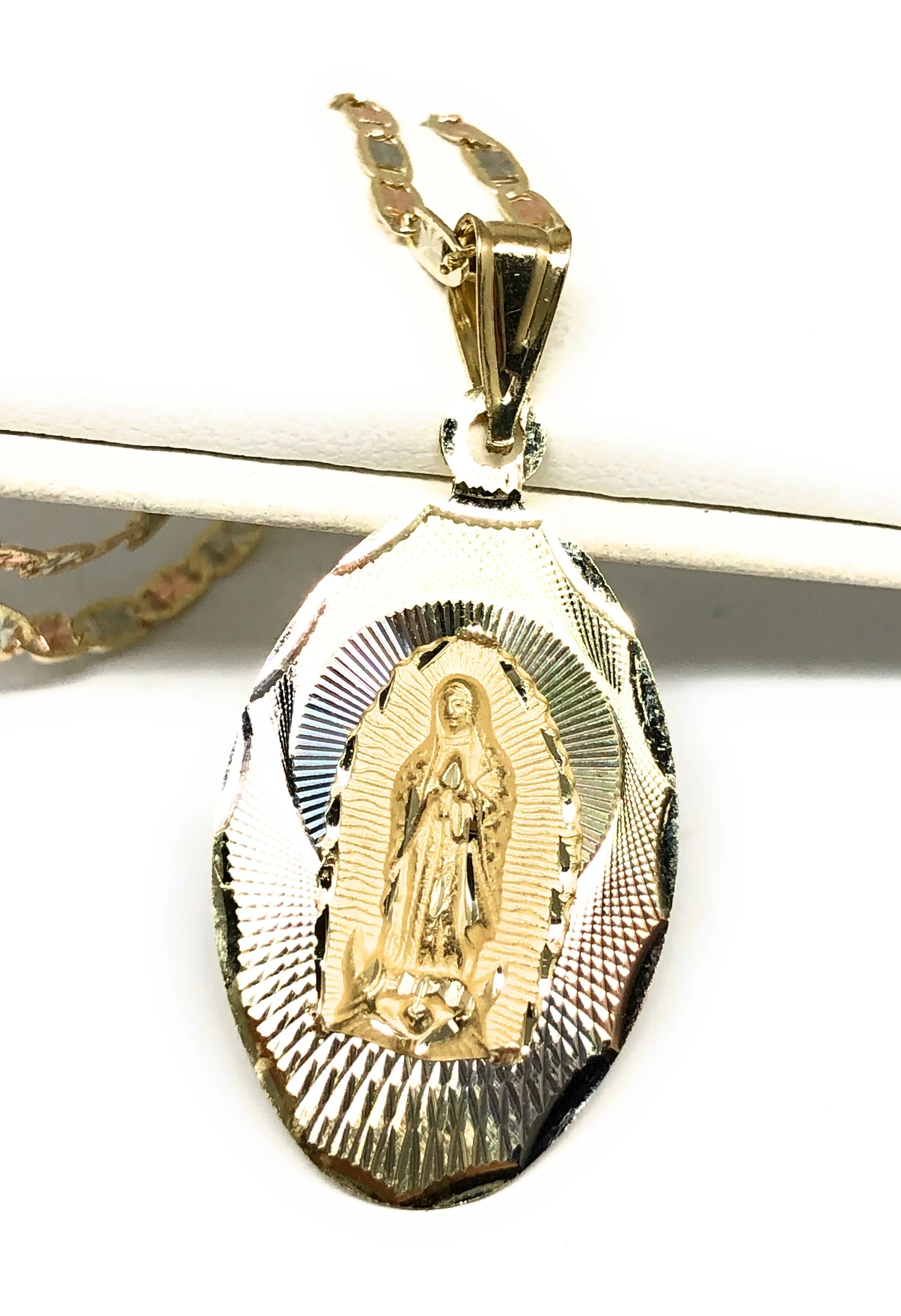 14k Solid Gold Tri-Color Oval Virrgin Mary Pendant Virrgen Gaudalupe (LG, MED, SM)