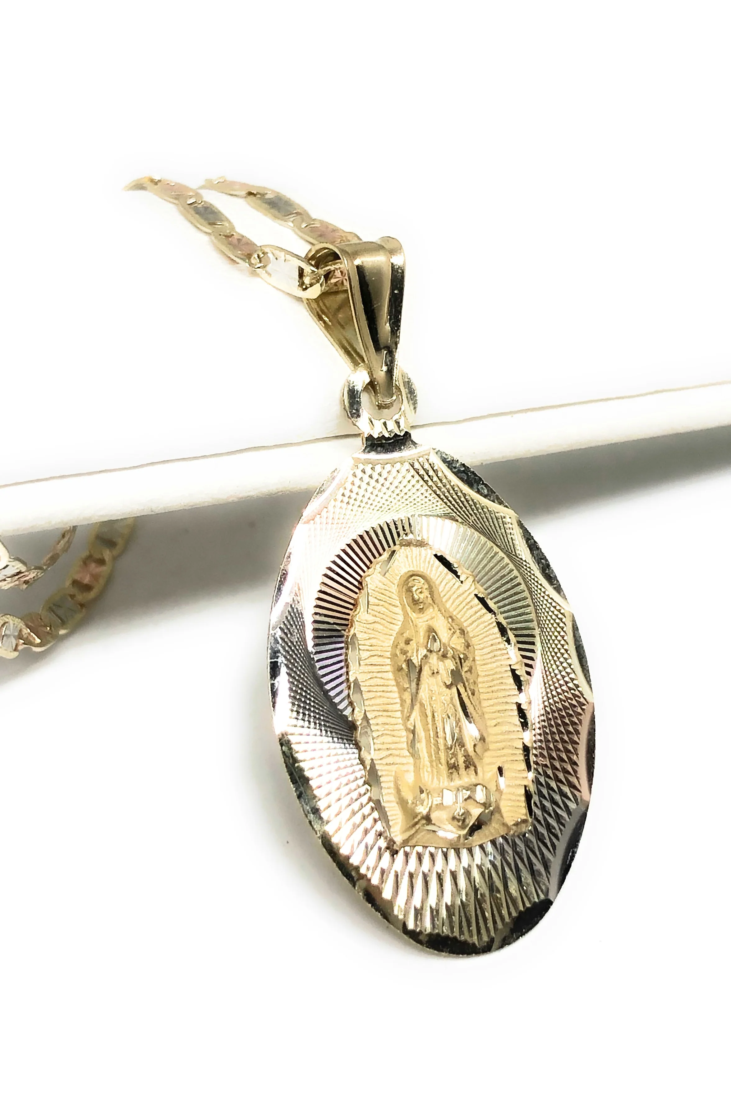 14k Solid Gold Tri-Color Oval Virrgin Mary Pendant Virrgen Gaudalupe (LG, MED, SM) - Image 2