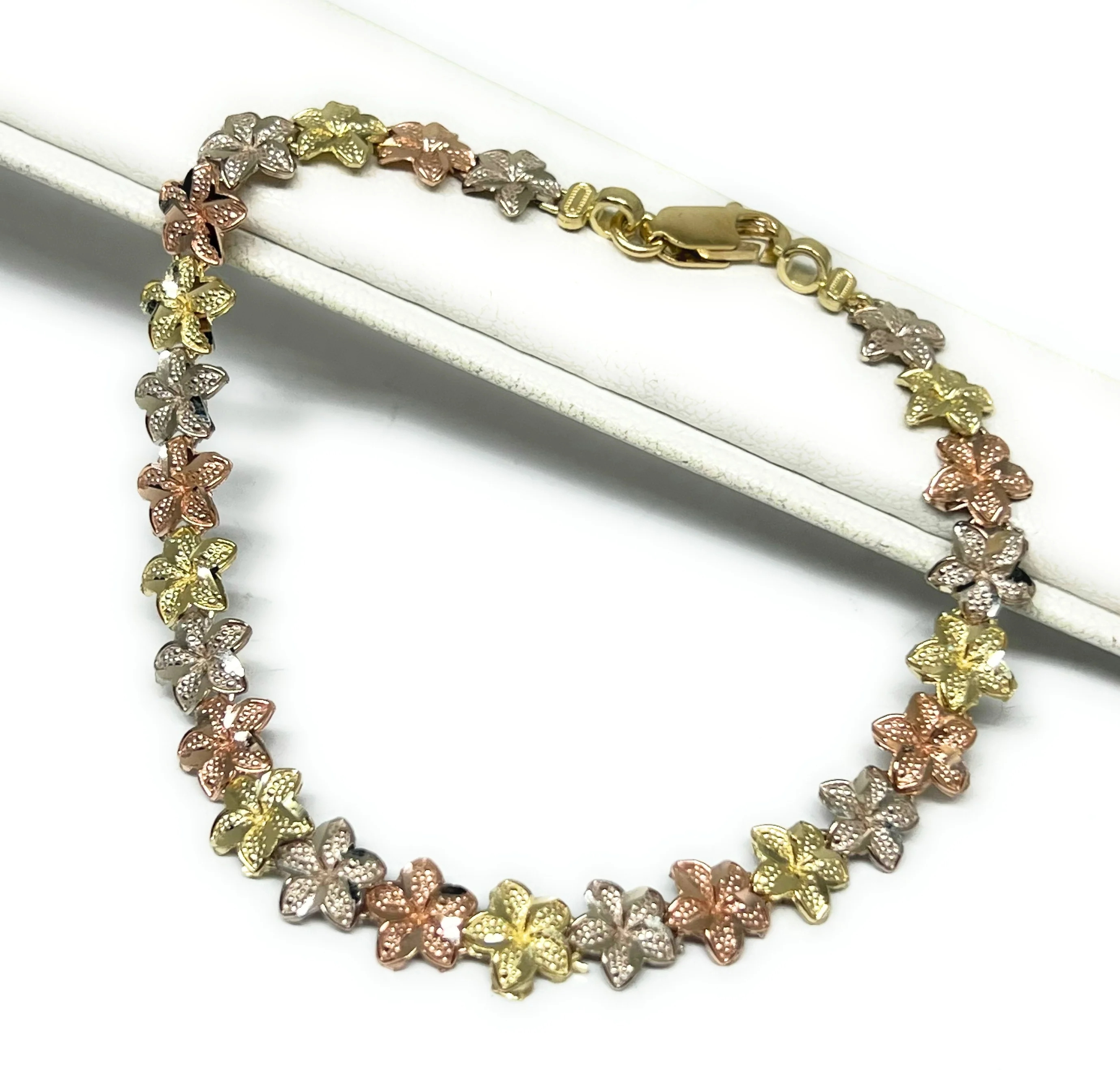 10k Solid Gold Tri-Color Plumeria Flower 7.5-8 INCH 7-9MM BRRACELET