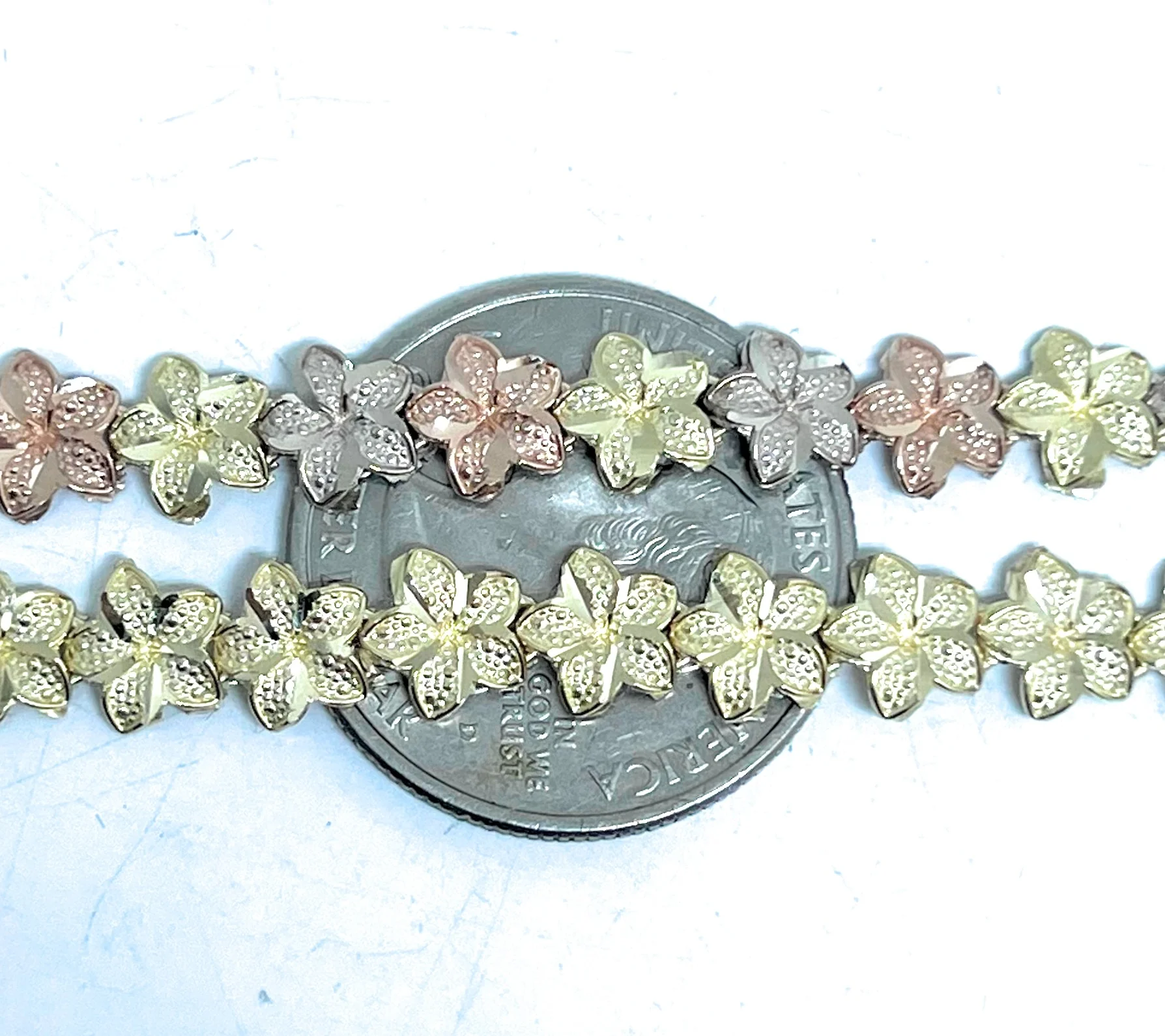 10k Solid Gold Tri-Color Plumeria Flower 7.5-8 INCH 7-9MM BRRACELET - Image 3