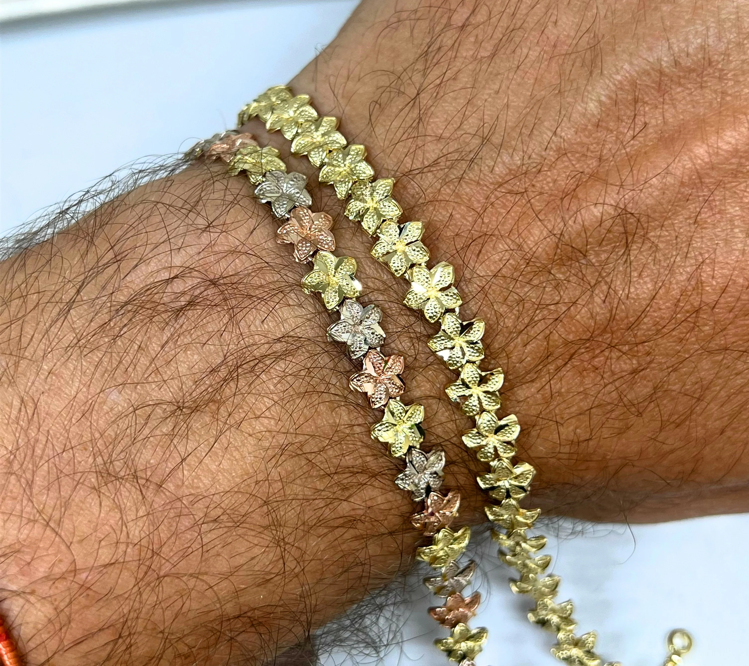 10k Solid Gold Tri-Color Plumeria Flower 7.5-8 INCH 7-9MM BRRACELET - Image 4