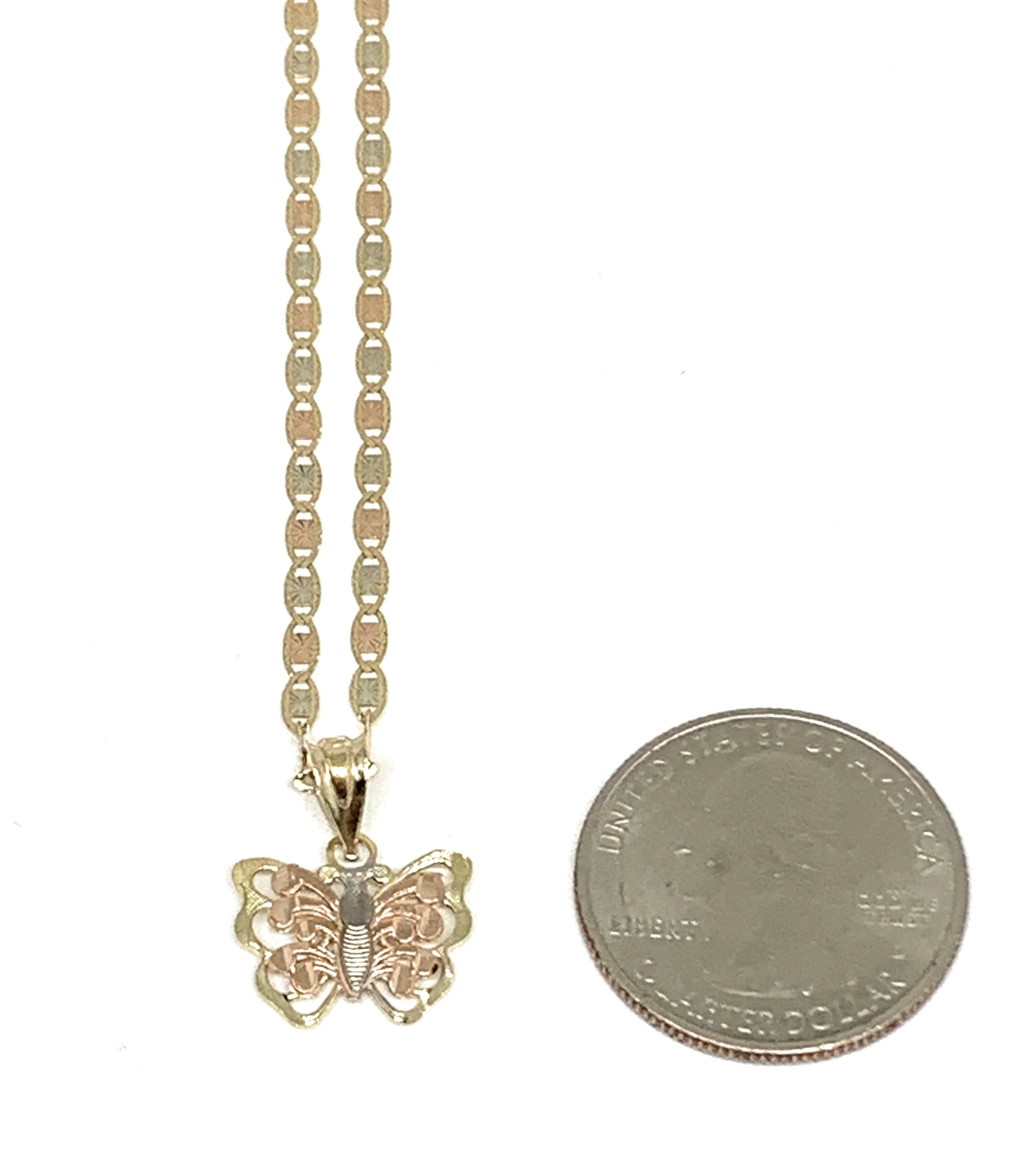 14k Solid Gold Tri-Color Small Butterfly Pendant Necklace Valentina Chain (SM) - Image 2