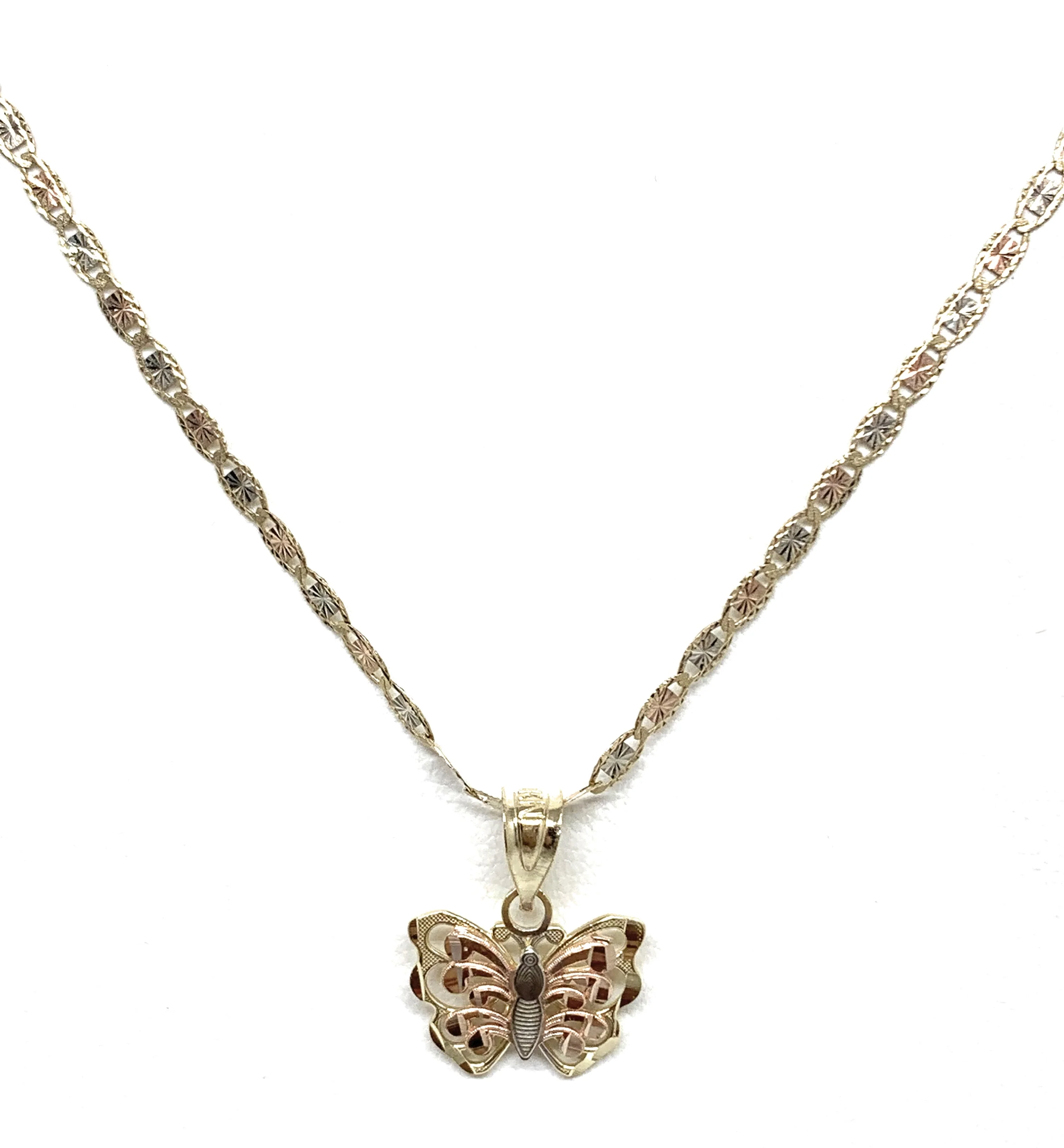 14k Solid Gold Tri-Color Small Butterfly Pendant Necklace Valentina Chain (SM) - Image 5