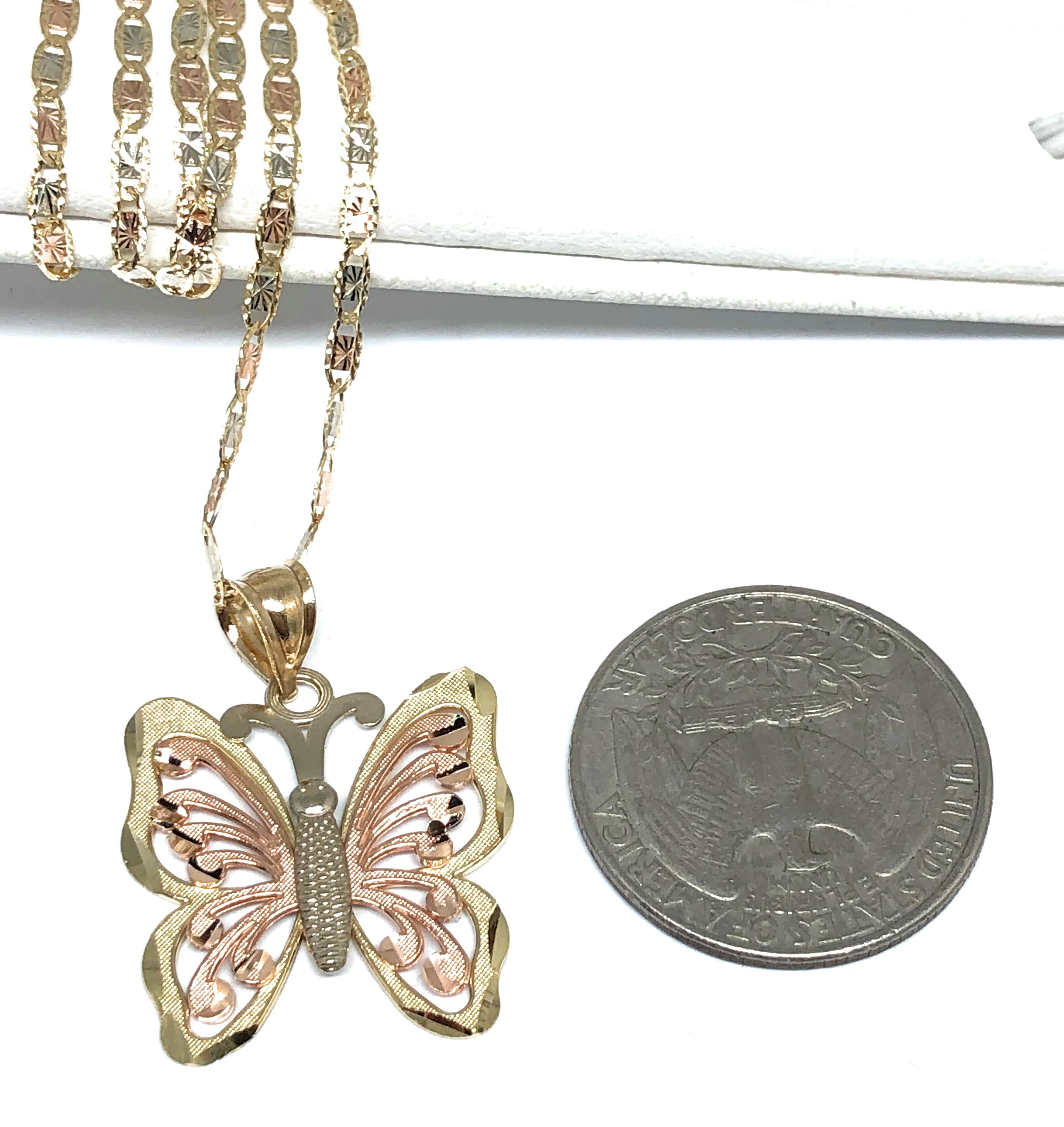 14k Solid Gold Tri-Color Small Butterfly Pendant Necklace Valentina Chain (MED) - Image 2