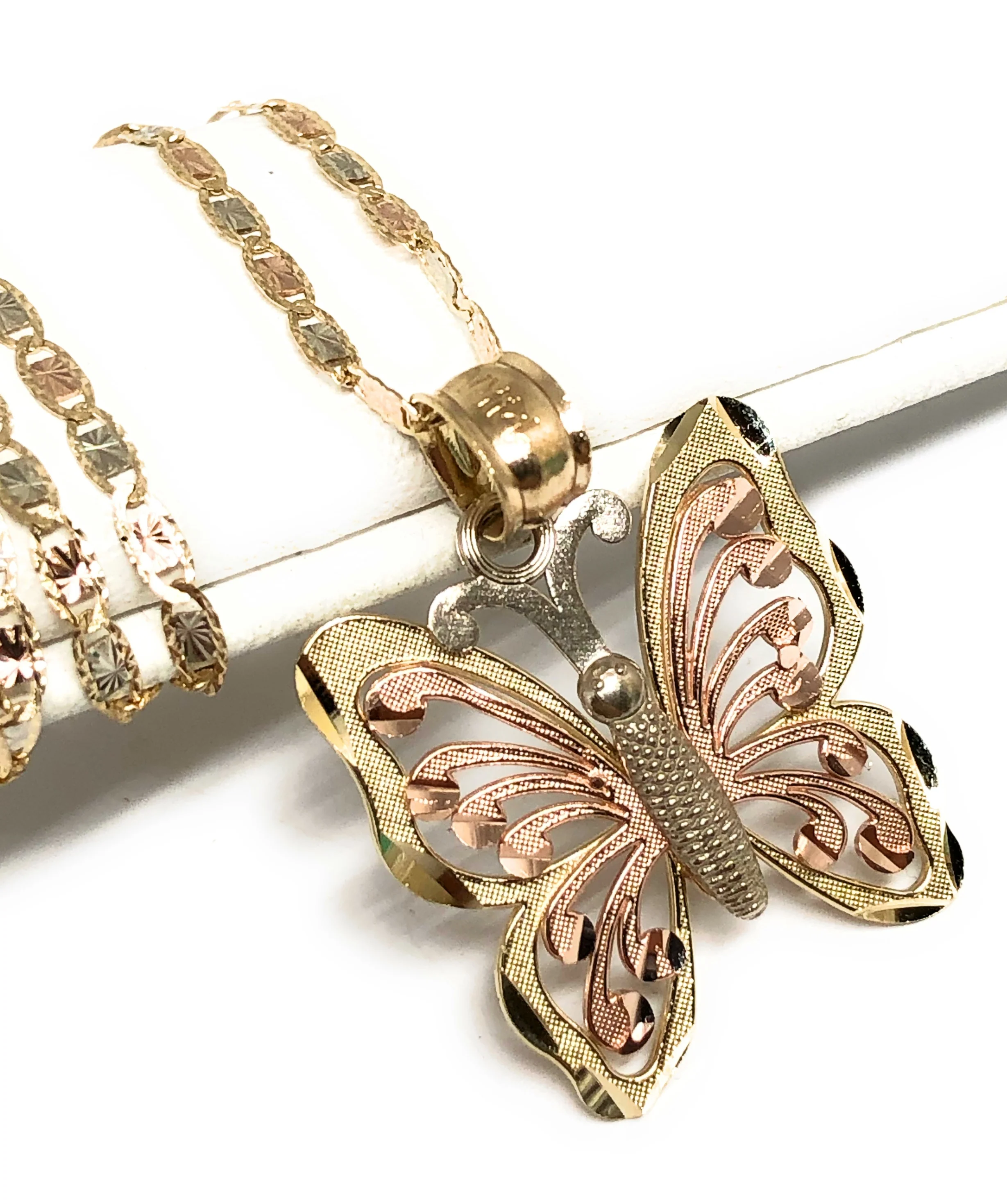 14k Solid Gold Tri-Color Small Butterfly Pendant Necklace Valentina Chain (MED) - Image 3
