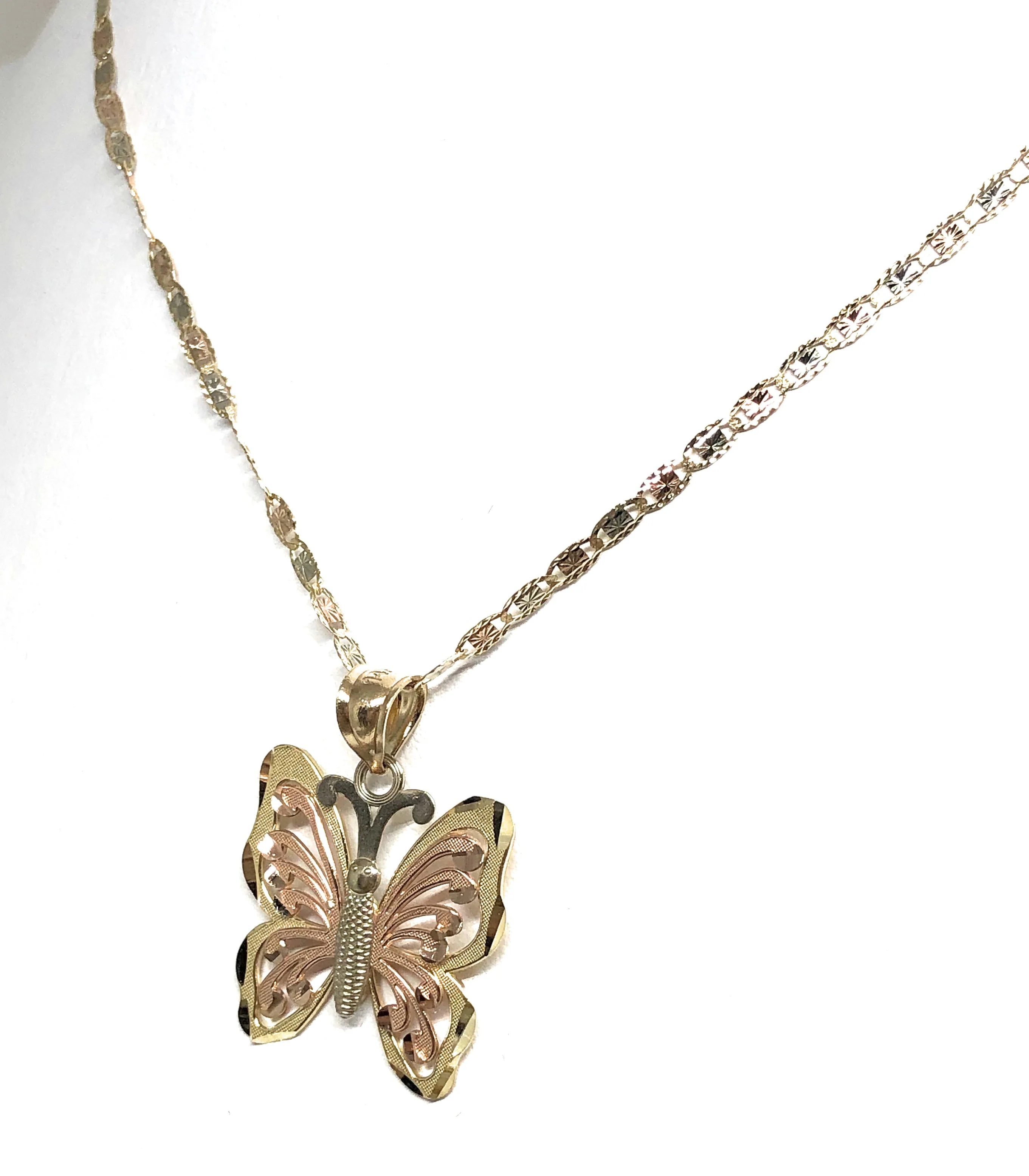 14k Solid Gold Tri-Color Small Butterfly Pendant Necklace Valentina Chain (MED) - Image 4
