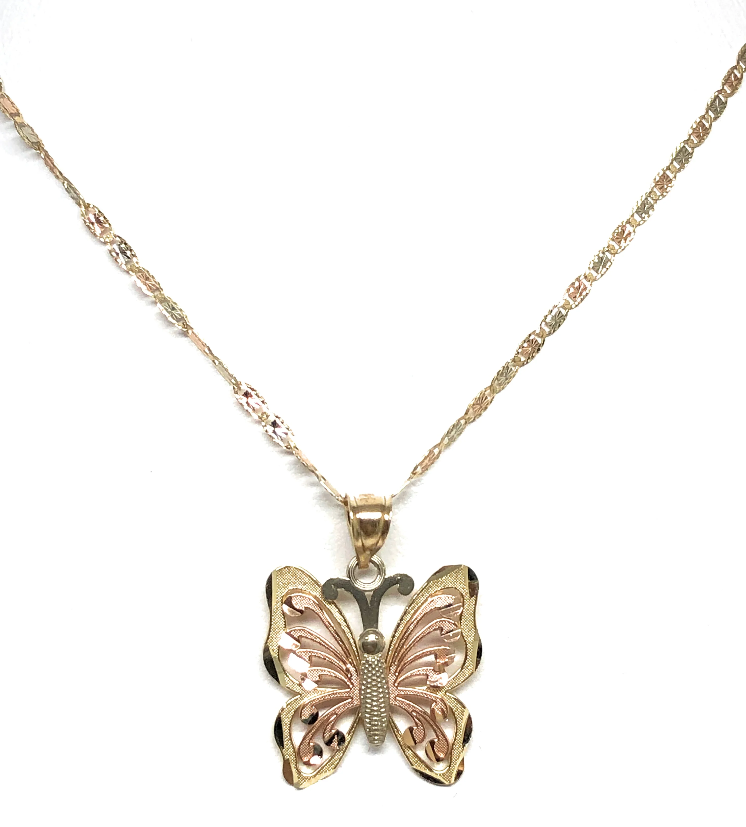 14k Solid Gold Tri-Color Small Butterfly Pendant Necklace Valentina Chain (MED) - Image 5