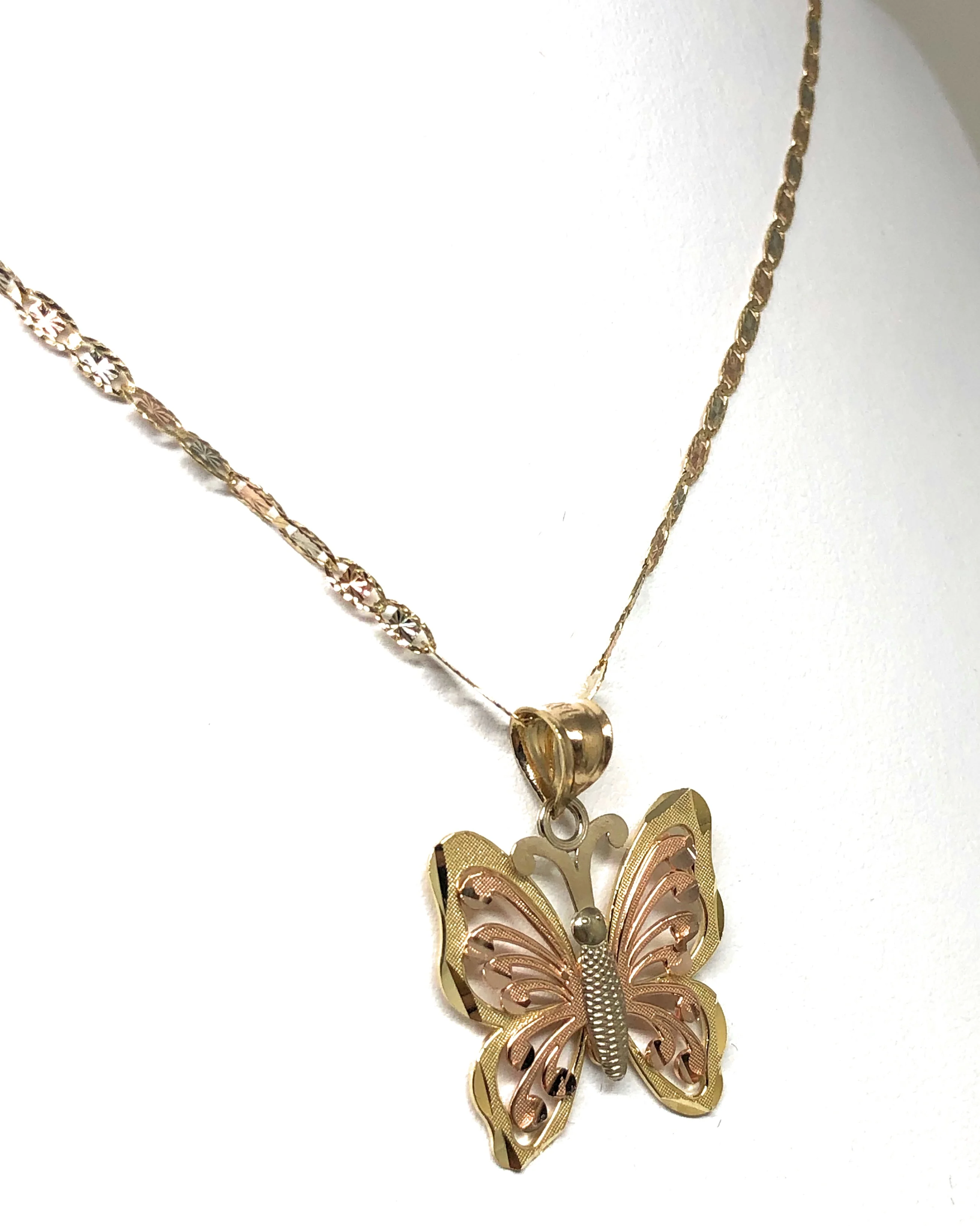 14k Solid Gold Tri-Color Small Butterfly Pendant Necklace Valentina Chain (MED) - Image 6