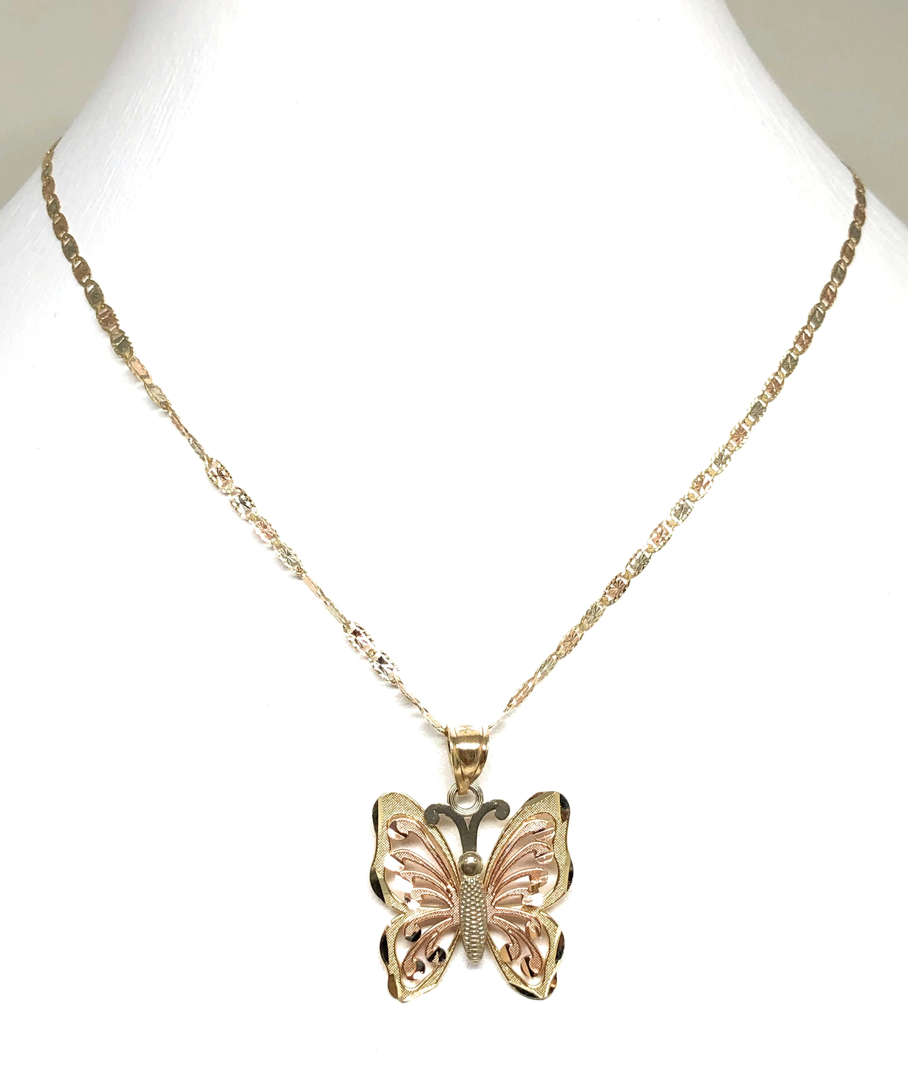 14k Solid Gold Tri-Color Small Butterfly Pendant Necklace Valentina Chain (MED) - Image 7