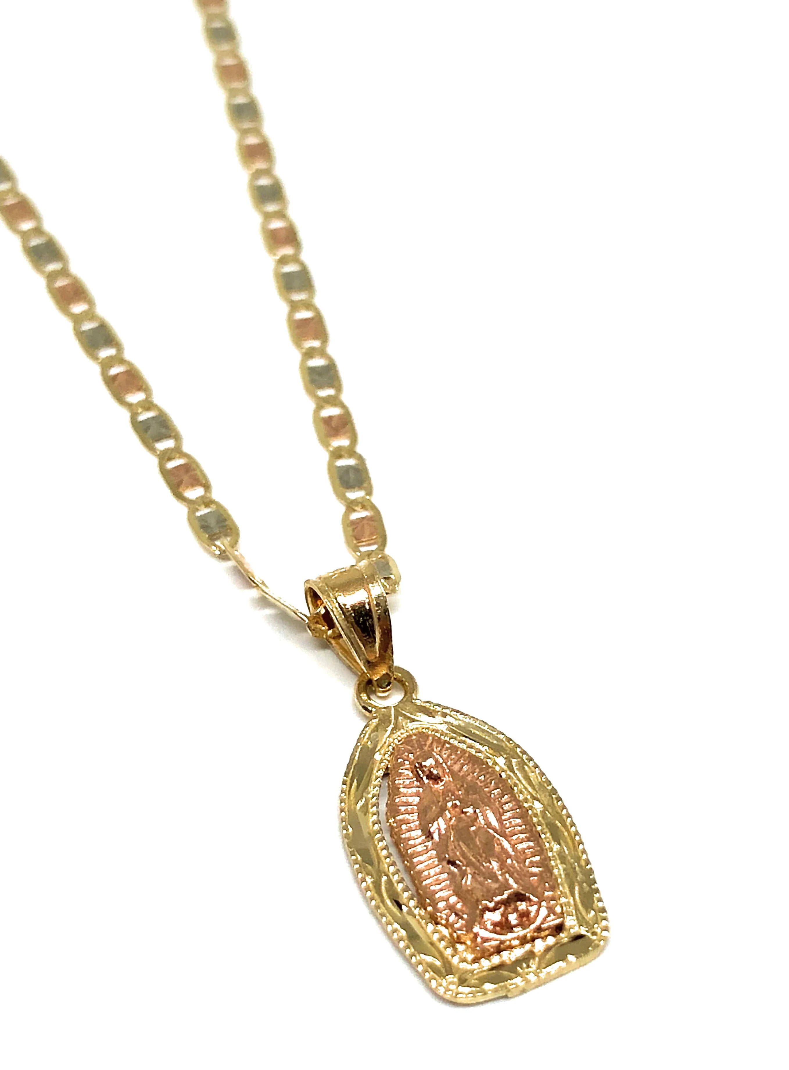 14k Solid Gold Tri-Color Virrgin Mary Pendant Virrgen Guadalupe 16 inch 1.9mm Tri-Color Valentina Chain - Image 3