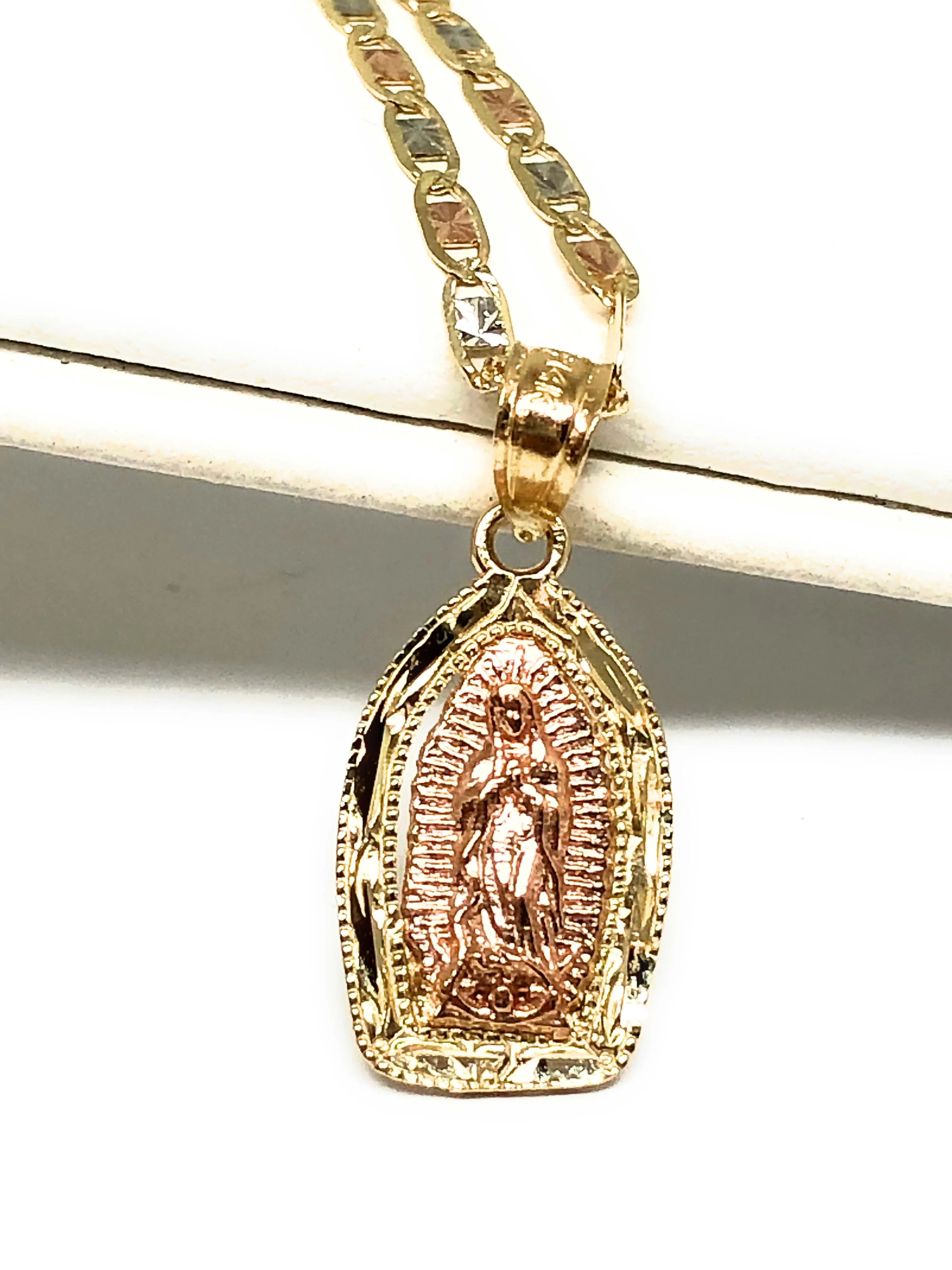 14k Solid Gold Tri-Color Virrgin Mary Pendant Virrgen Guadalupe 16 inch 1.9mm Tri-Color Valentina Chain - Image 6