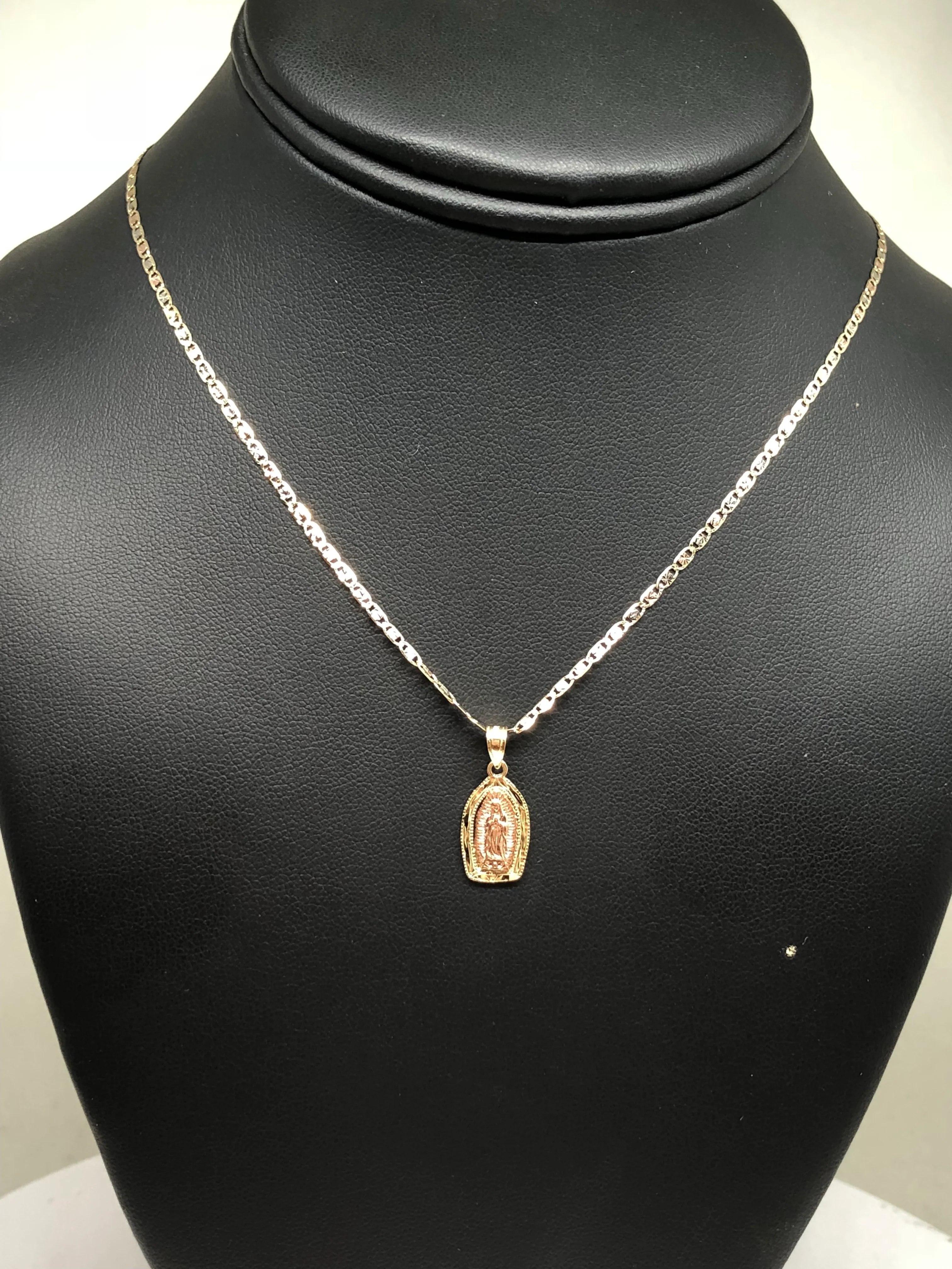 14k Solid Gold Tri-Color Virrgin Mary Pendant Virrgen Guadalupe 16 inch 1.9mm Tri-Color Valentina Chain - Image 7