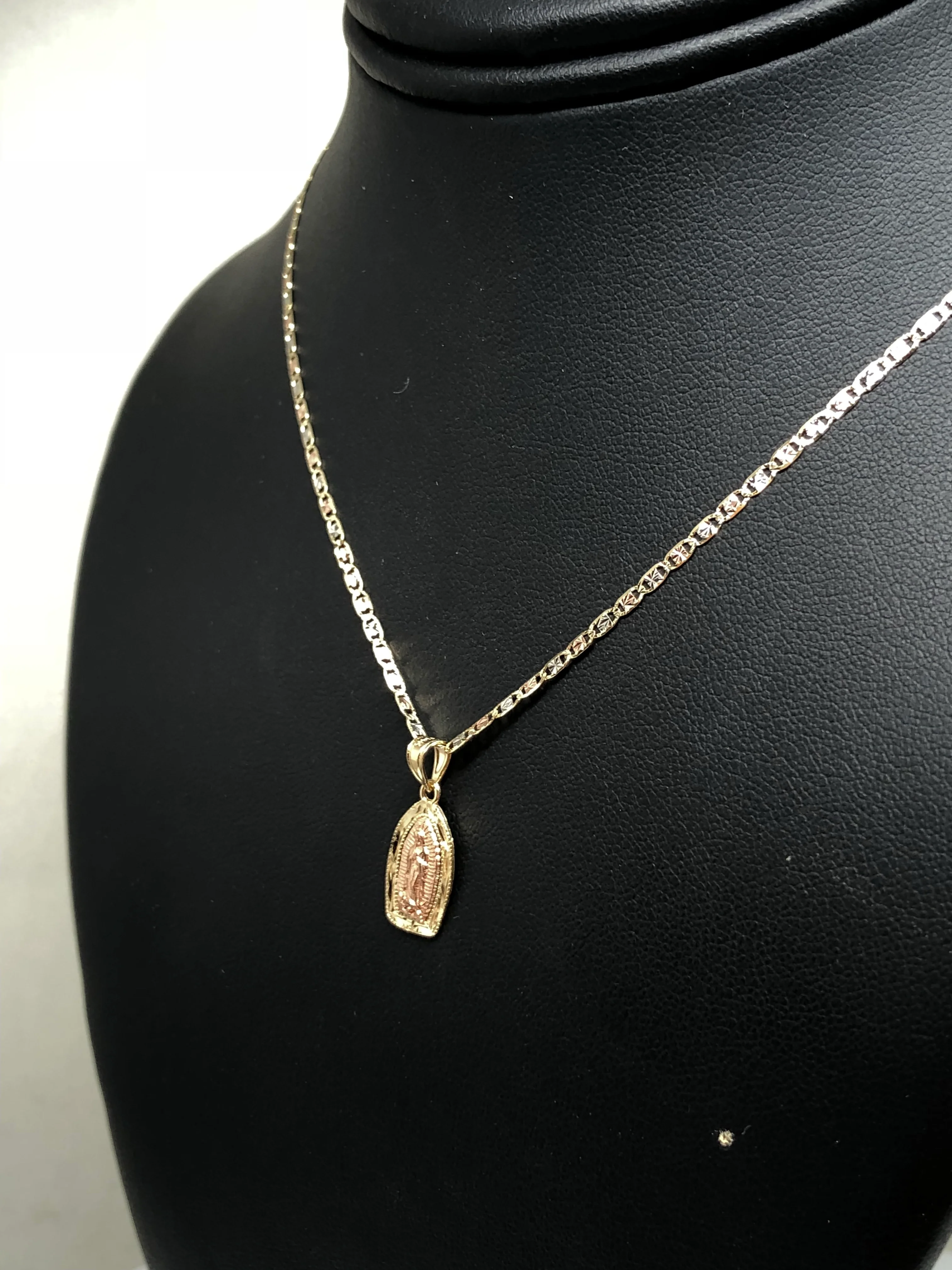 14k Solid Gold Tri-Color Virrgin Mary Pendant Virrgen Guadalupe 16 inch 1.9mm Tri-Color Valentina Chain - Image 8
