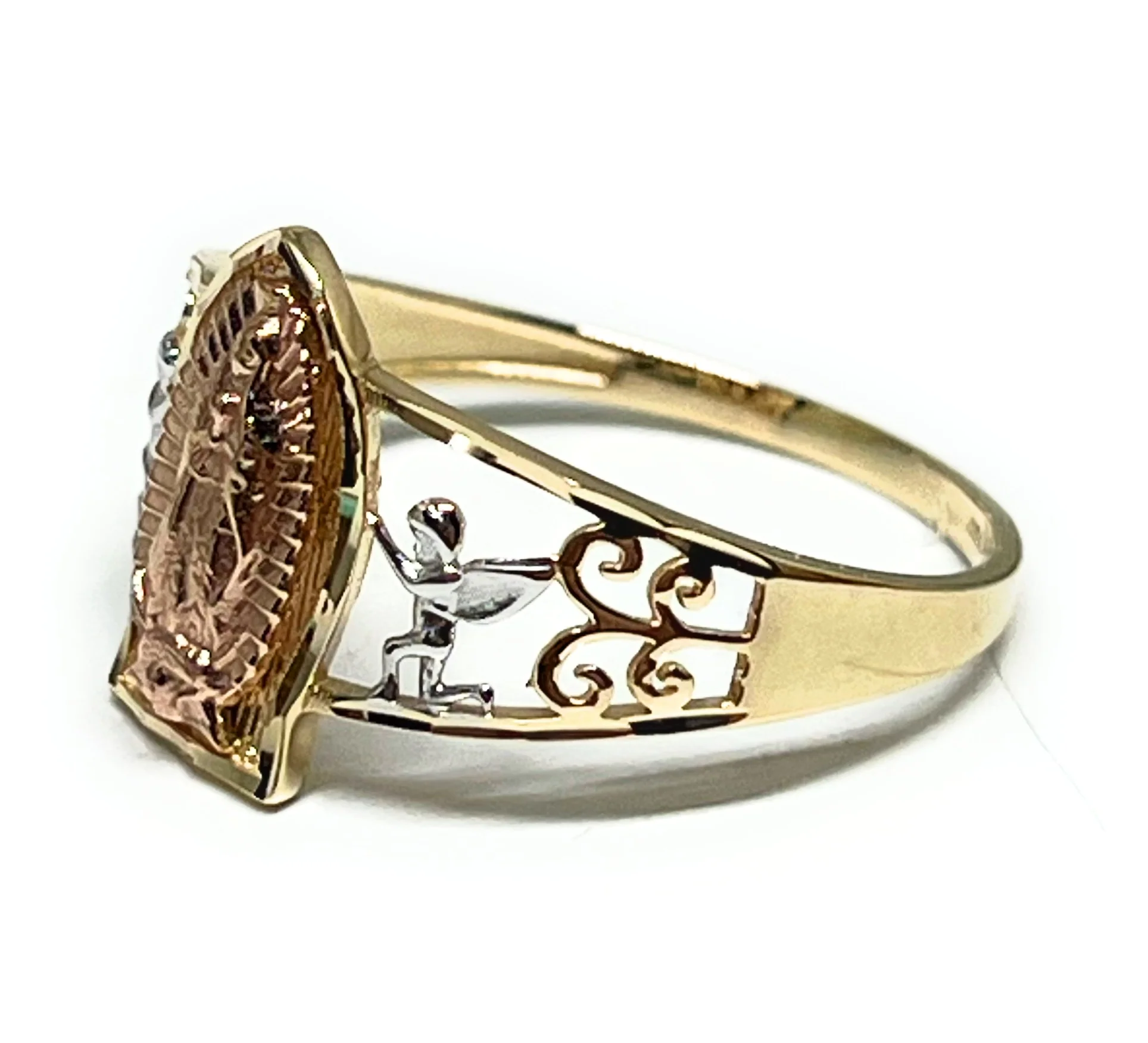 14k Solid Gold Tri-Color Virrgin Mary ANGELS Ring (FC 314) - Image 2
